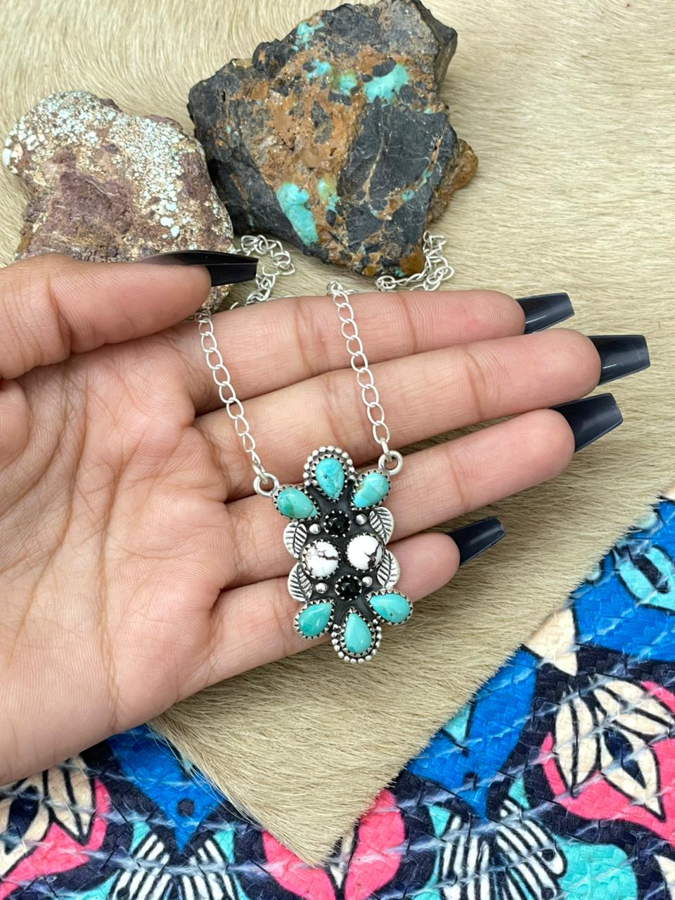 Handmade Sterling Silver Kingman with Wildhorse, Black Onyx Necklace "Signed Nizhoni"