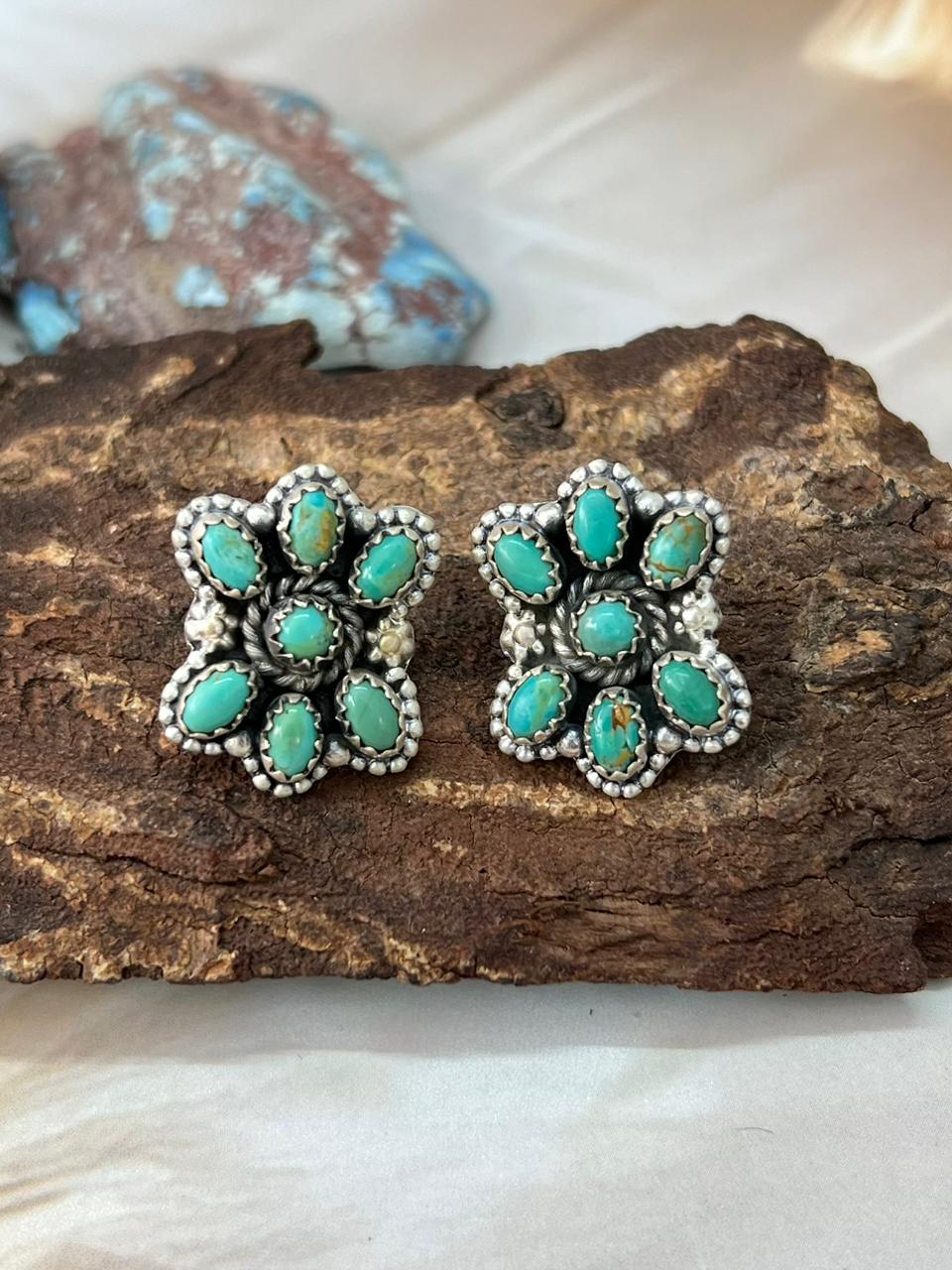 Handmade Sterling Silver Kingman Turquoise Post Studs Earrings "Signed Nizhoni"