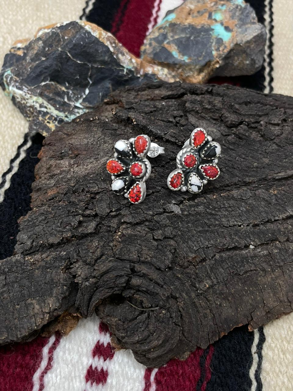 "Christmas Collection" Handmade Sterling Silver White Buffalo with Red Opal Studs Earrings "Signed Nizhoni"