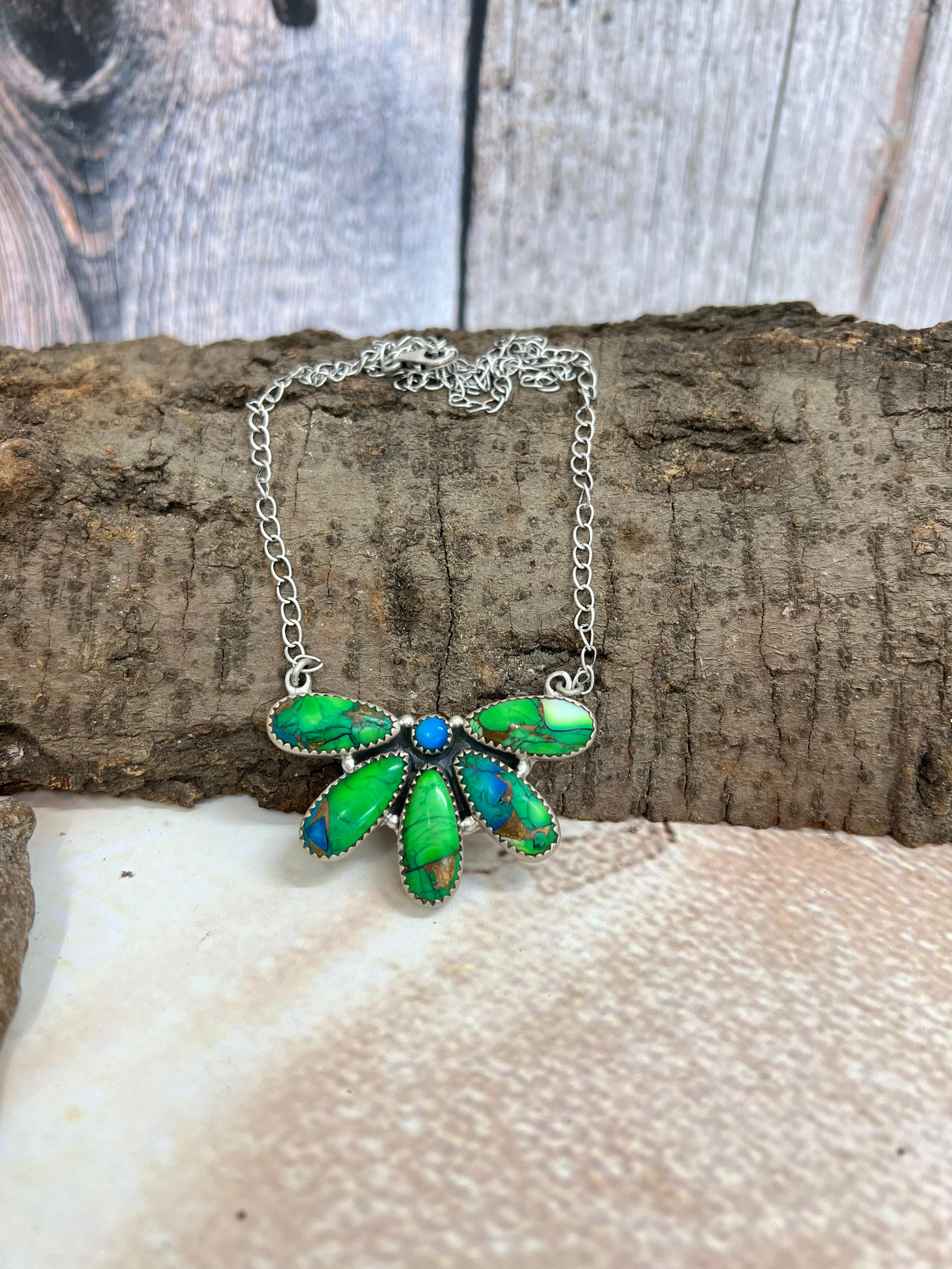 Handmade Sterling Silver Peacock Dahlia Necklace with Signed Nizhoni