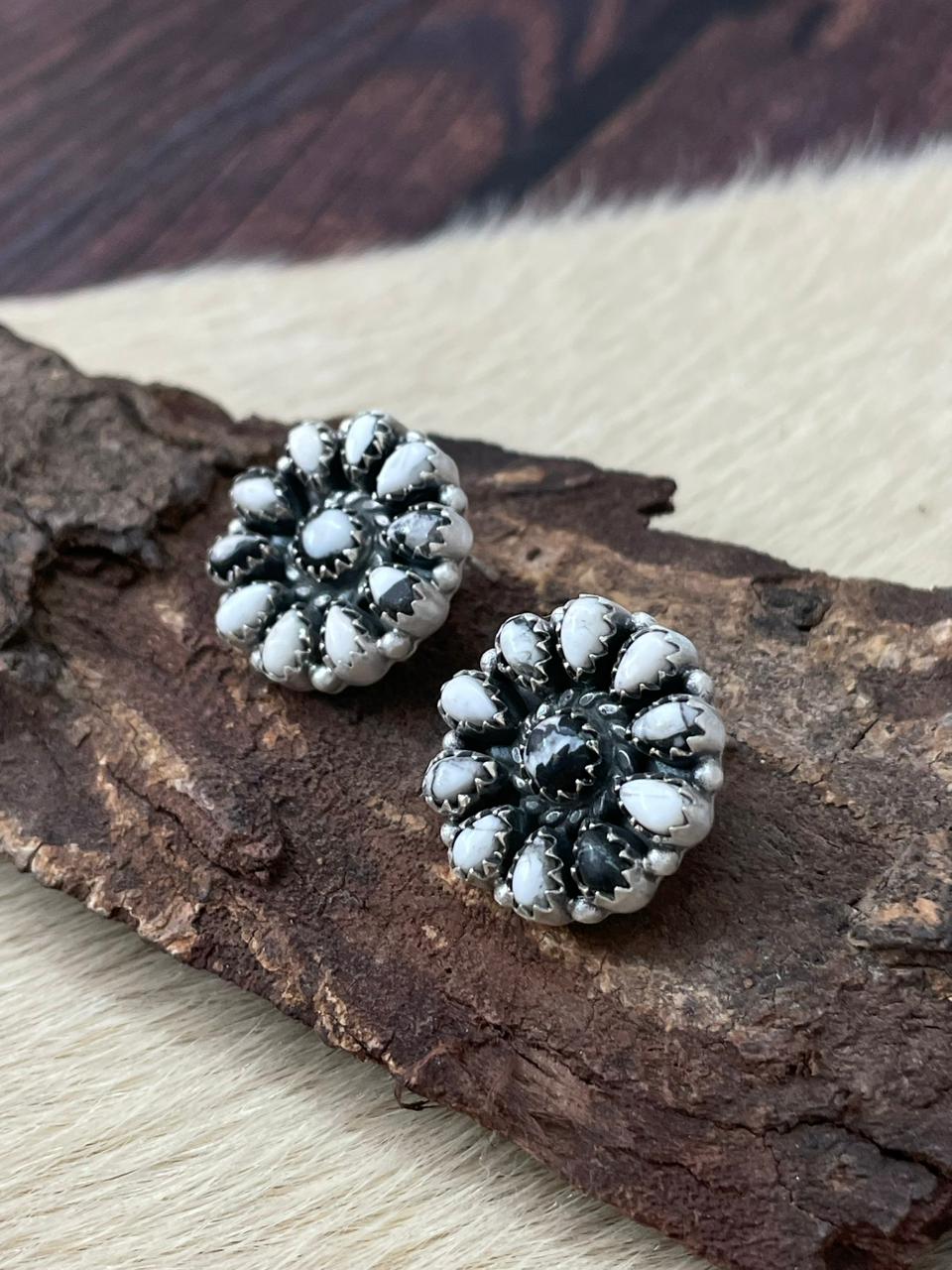 Handmade Sterling Silver White Buffalo Post Studs Earrings "Signed Nizhoni"