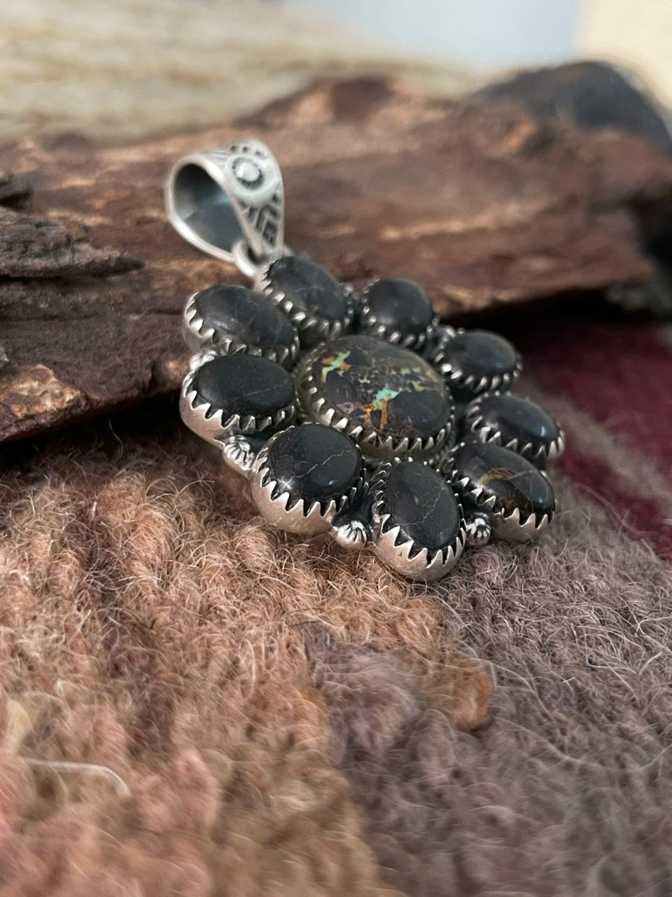 Handmade Sterling Silver Blackjack Turquoise Pendant "Signed Nizhoni"