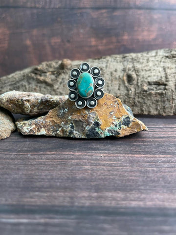 Handmade Sterling Silver Emerald Valley Turquoise Adjustable Ring "Signed Nizhoni"