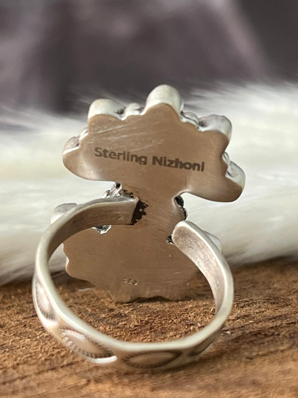 Handmade Sterling Silver Kingman Turquoise Adjustable Ring "Signed Nizhoni"