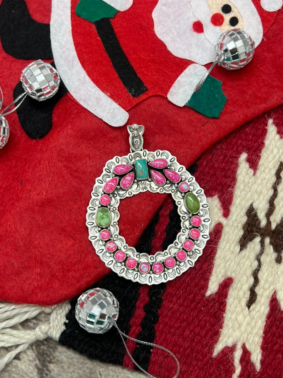 "Christmas Collection" Handmade Sterling Silver Hot Pink with Sonoran Mountain Turquoise Pendant "Signed Nizhoni"