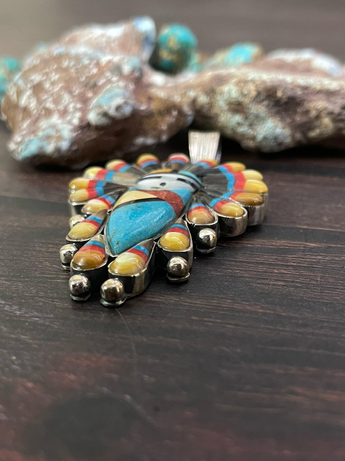 Handmade Sterling Silver Kachina Turquoise Pendant with Signed Nizhoni