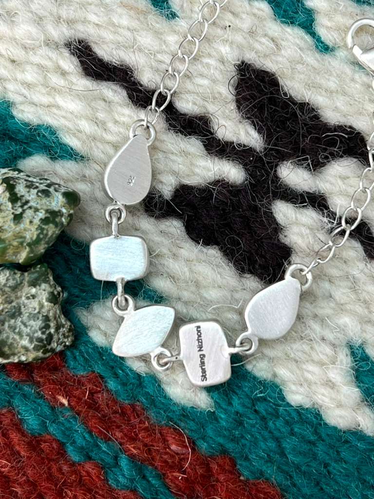 Handmade Sterling Silver Emerald Valley Turquoise Chain Bracelet with Signed Nizhoni
