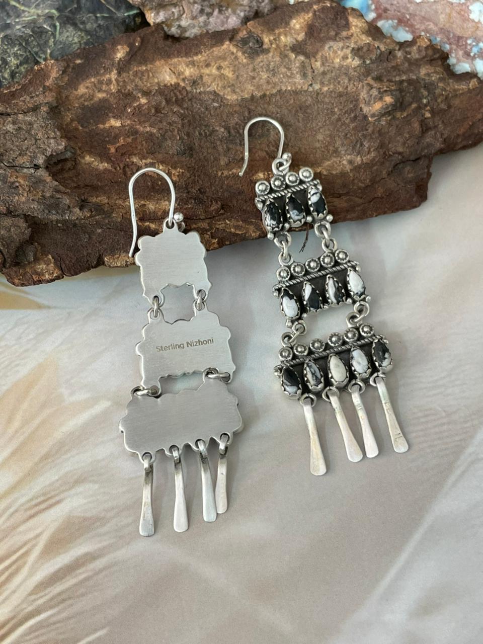 Handmade Sterling Silver White Buffalo Hook Dangle Earrings "Signed Nizhoni"