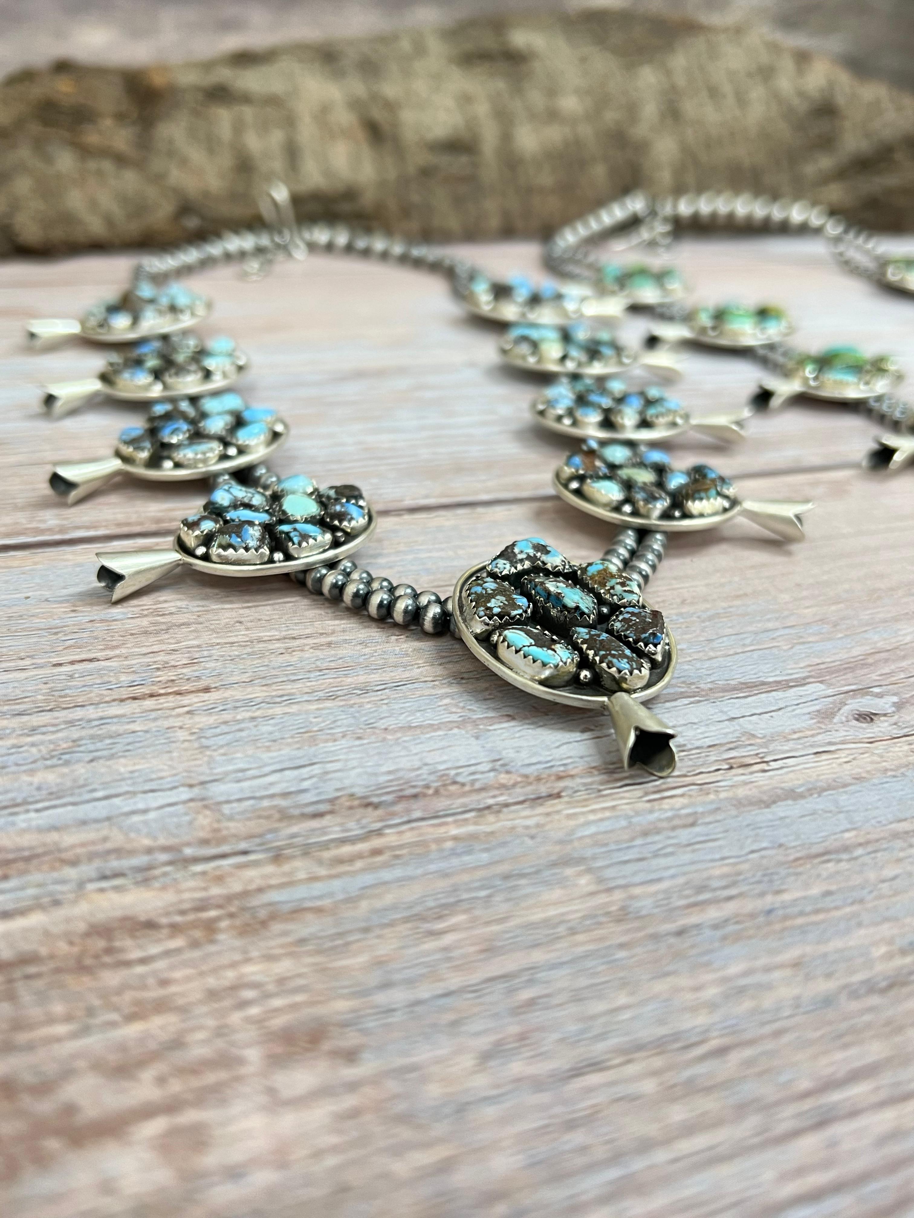 Handmade Sterling Silver Golden Hill Turquoise, Sonoran Mountain Turquoise Squash Blossom Beaded Necklace, Signed Nizhoni