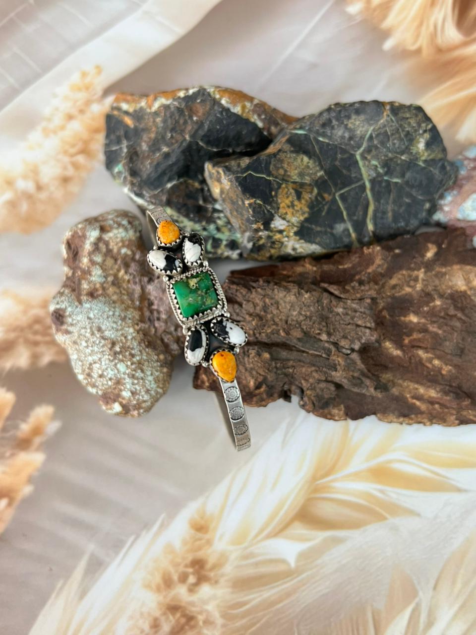 Handmade Sterling Silver Spring Collection: Bumblebee with Sonoran and White Buffalo Bracelet "Signed Nizhoni"