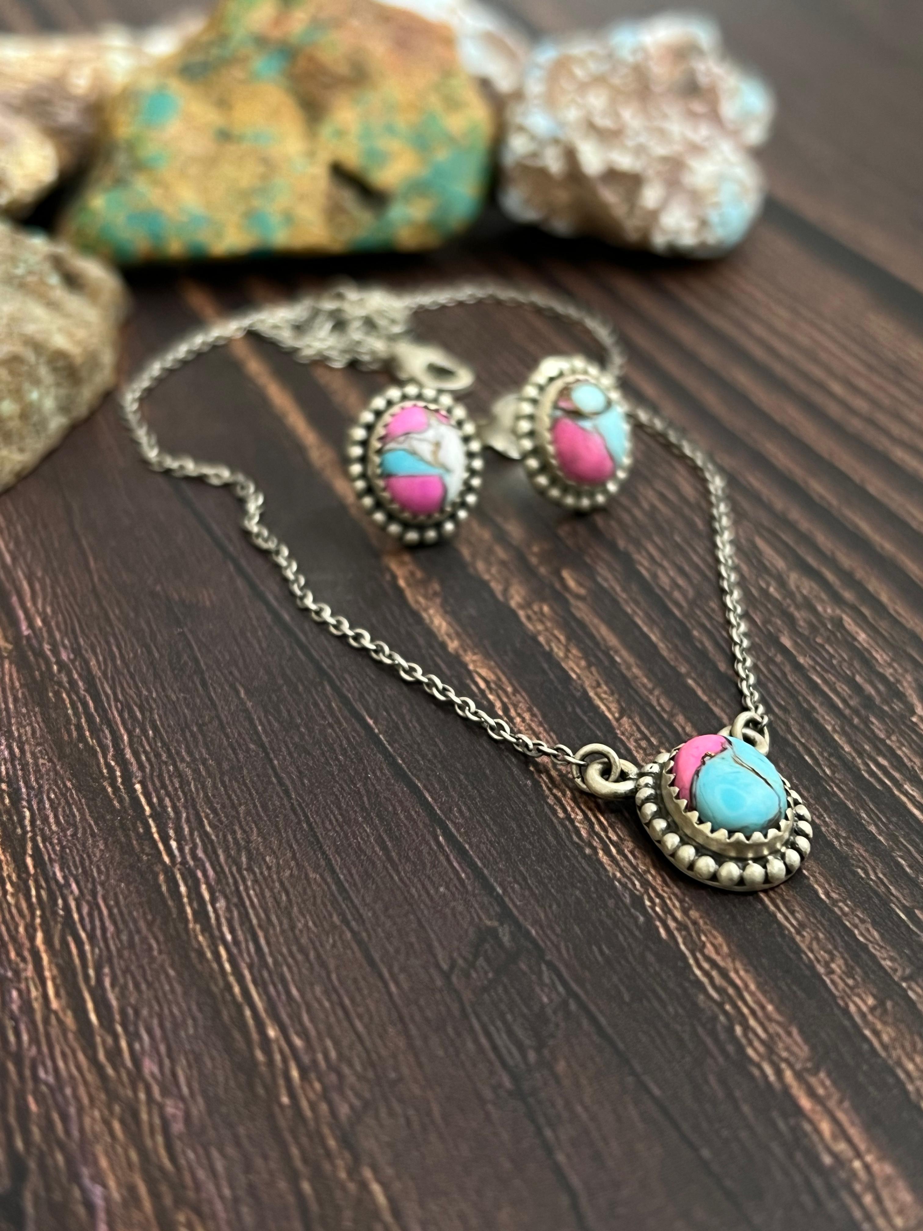 Handmade Sterling Silver Cotton Candy Turquoise Necklace Earrings Set, Signed Nizhoni (6)