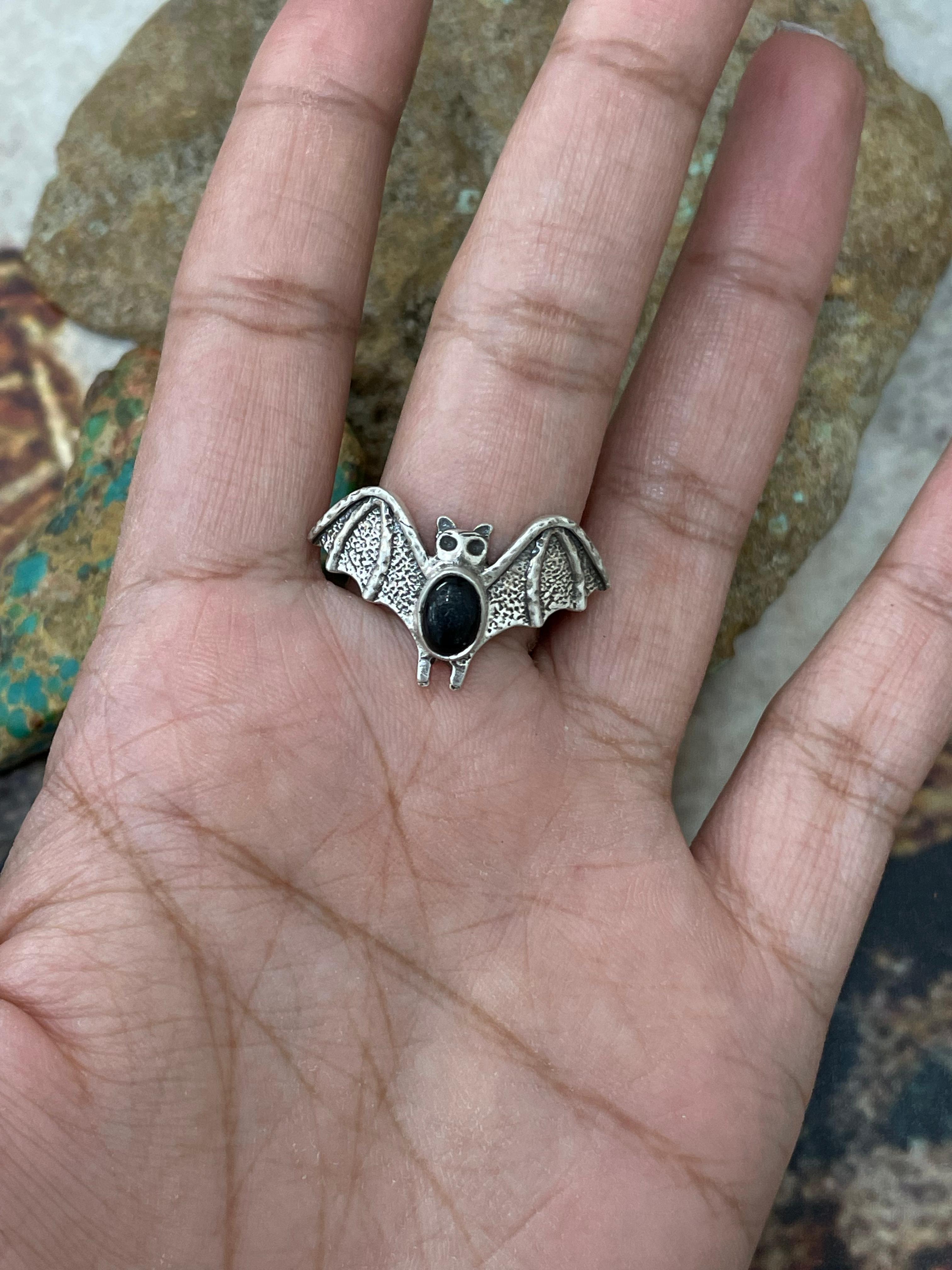 "Halloween Collection" Handmade Sterling Silver Black Onyx Bat Ring with Signed Nizhoni