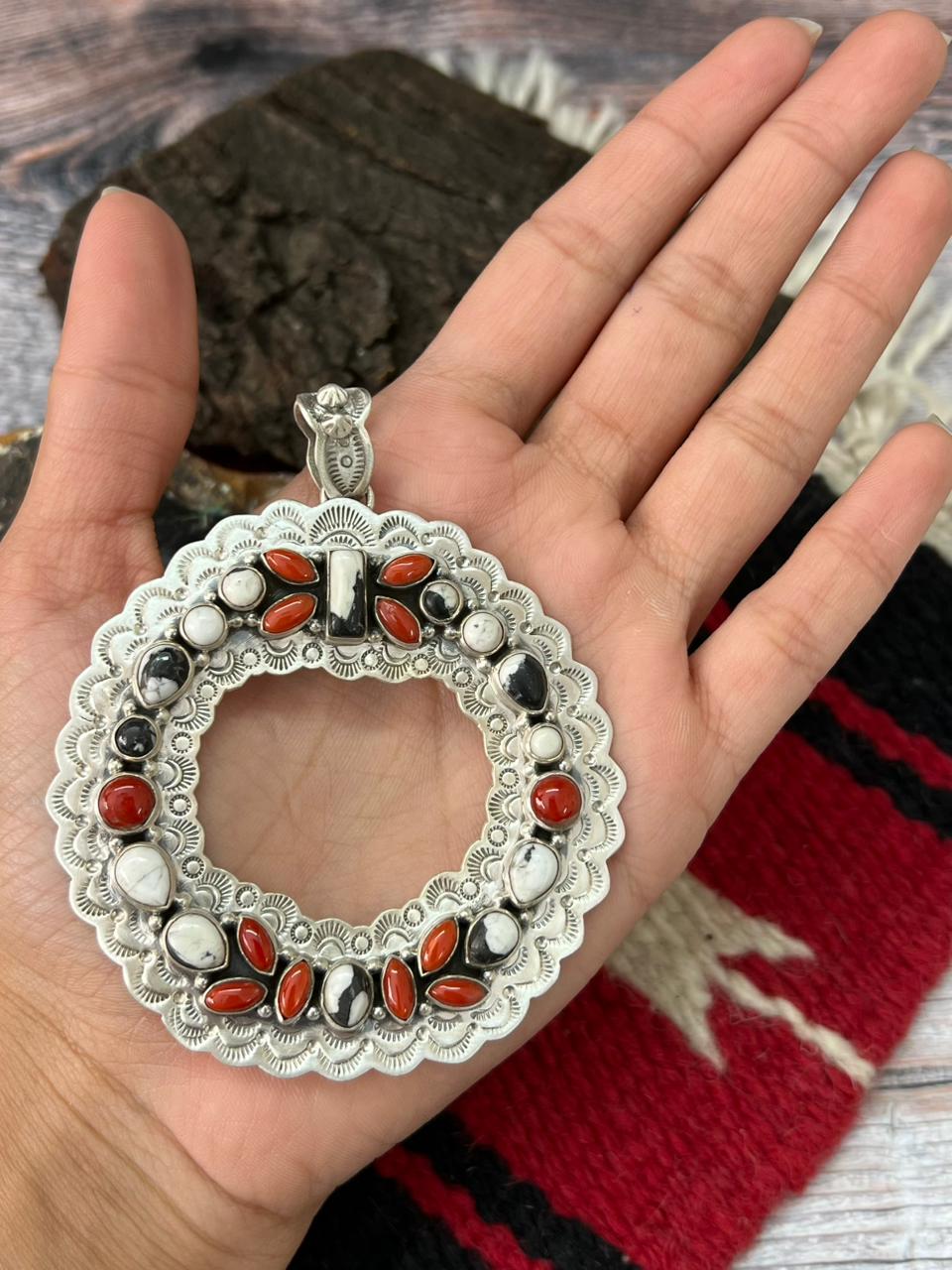 "Christmas Collection" Handmade Sterling Silver White Buffalo with Coral Pendant "Signed Nizhoni"