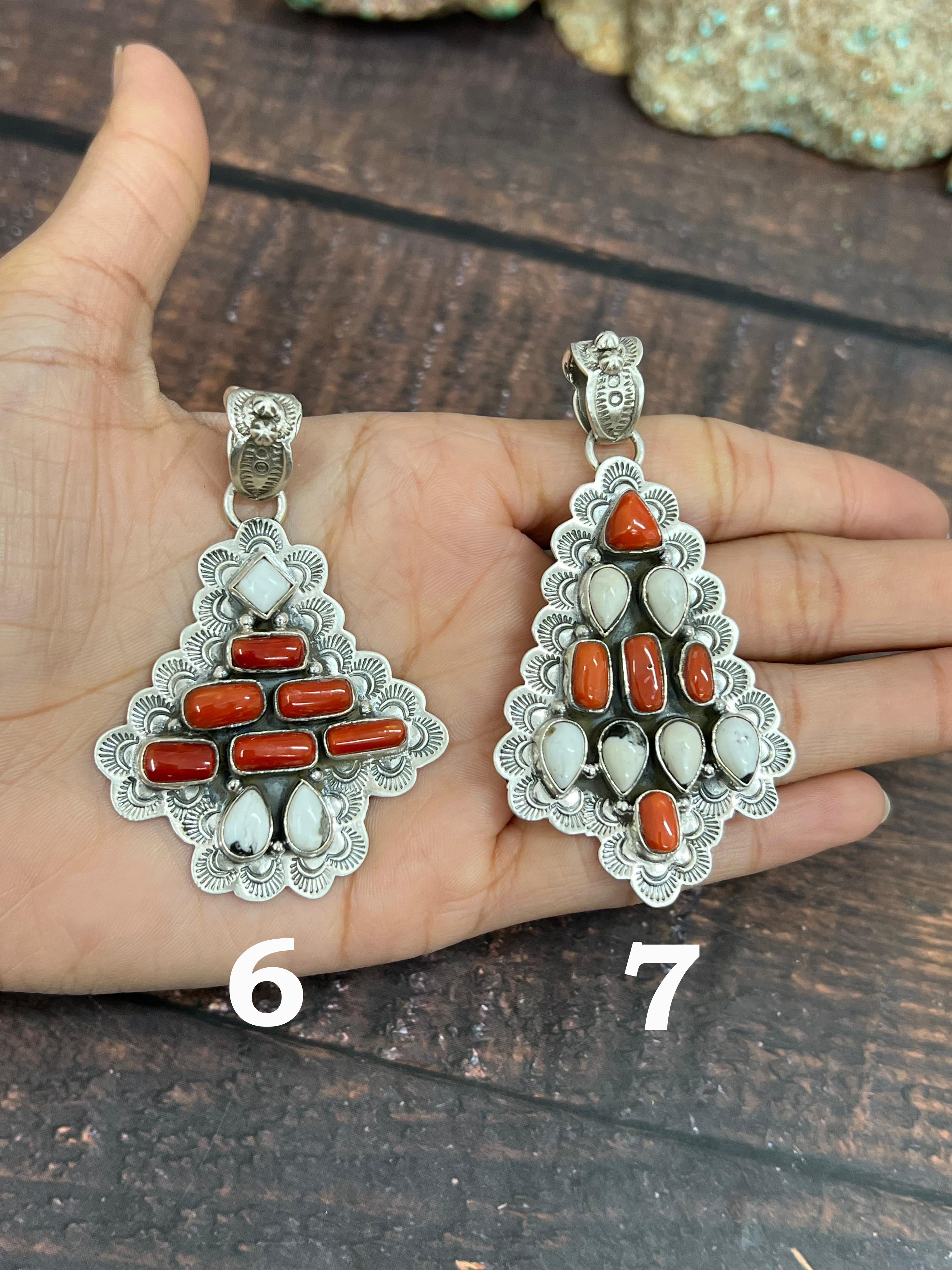 Handmade Sterling Silver Coral with White Buffalo Turquoise Pendant, Signed Nizhoni