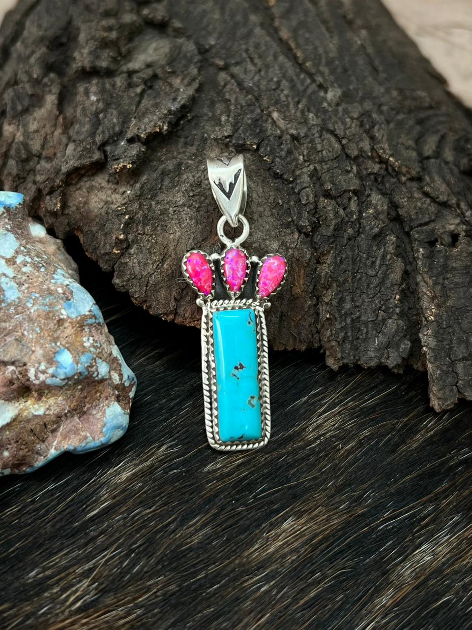 Handmade Sterling Silver Kingman with Hot Pink Pendant "Signed Nizhoni"