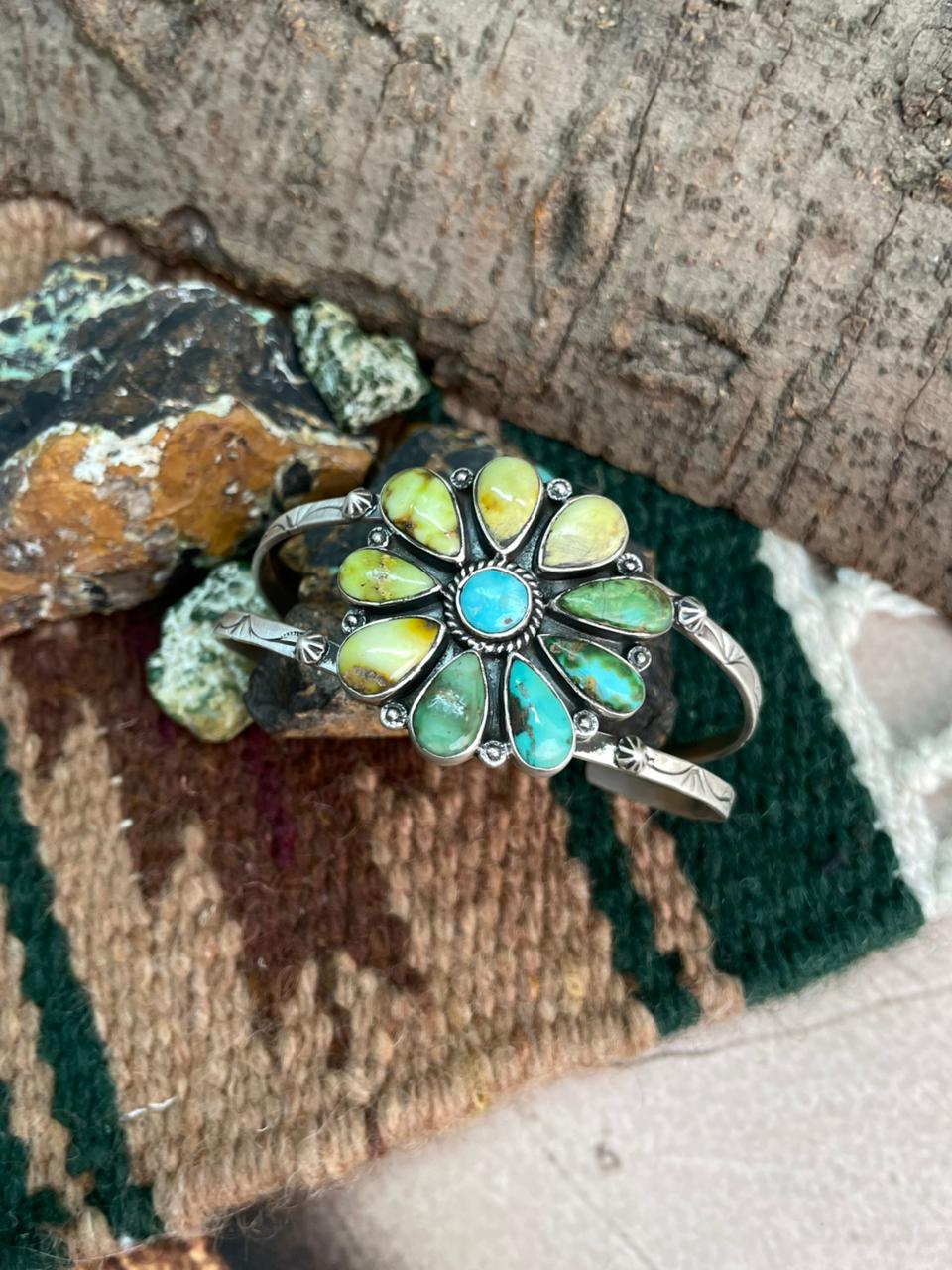 Handmade Sterling Silver White Water with Sonoran and Palomino Cuff Bracelet "Signed Nizhoni"