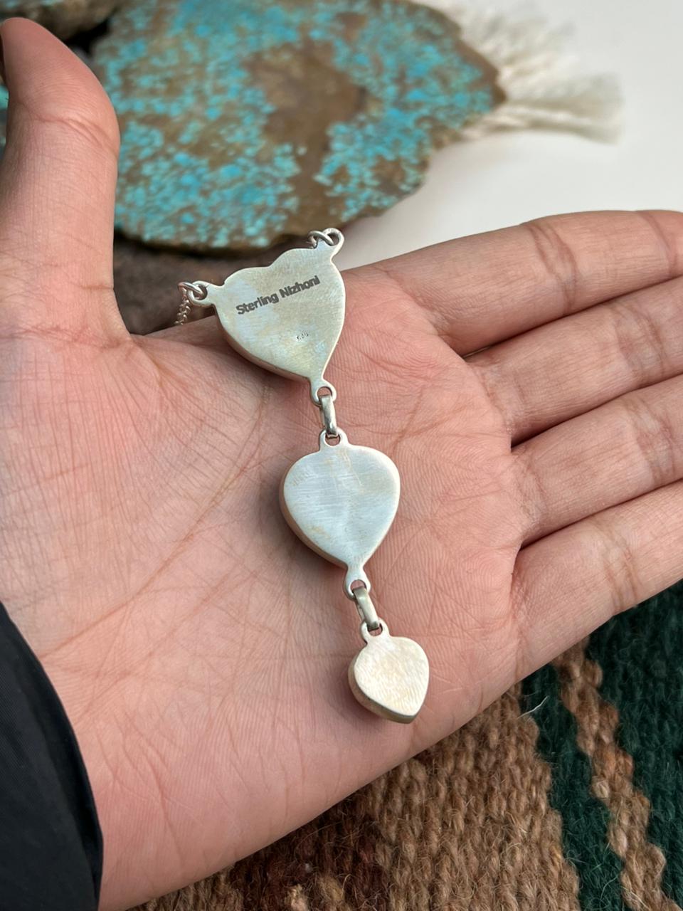 Handmade Sterling Silver Blue Matrix Heart Drop Necklace "Signed Nizhoni"