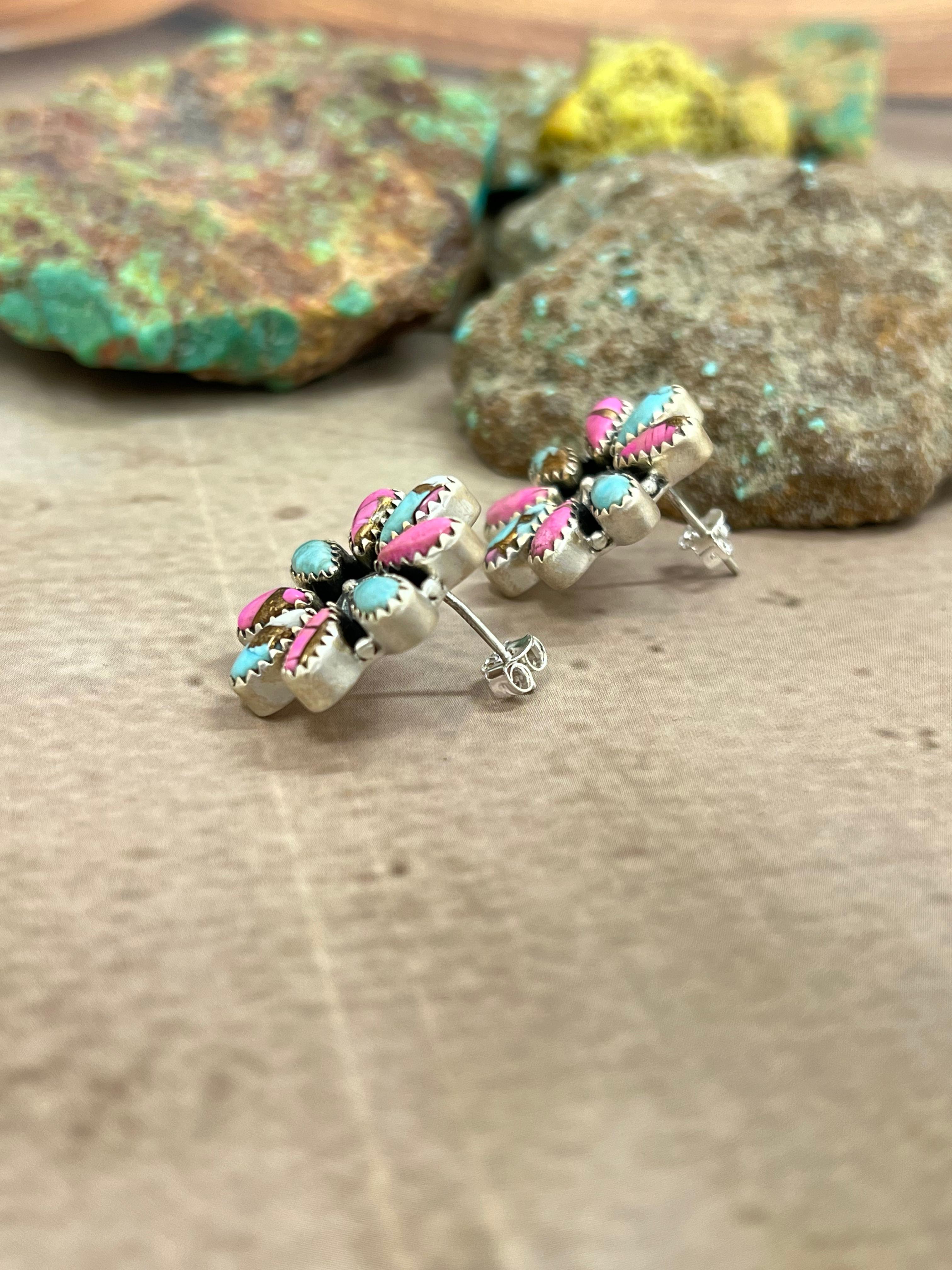 Handmade Sterling Silver Cotton Candy Turquoise Flower Post Earrings with Signed Nizhoni