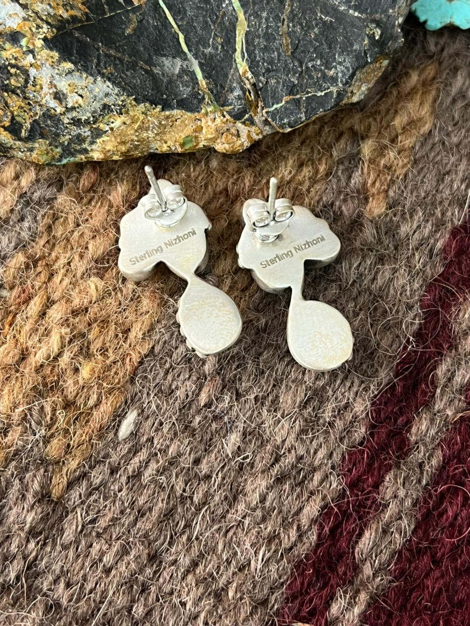 Handmade Sterling Silver Kingman Turquoise Post Studs Earrings "Signed Nizhoni"