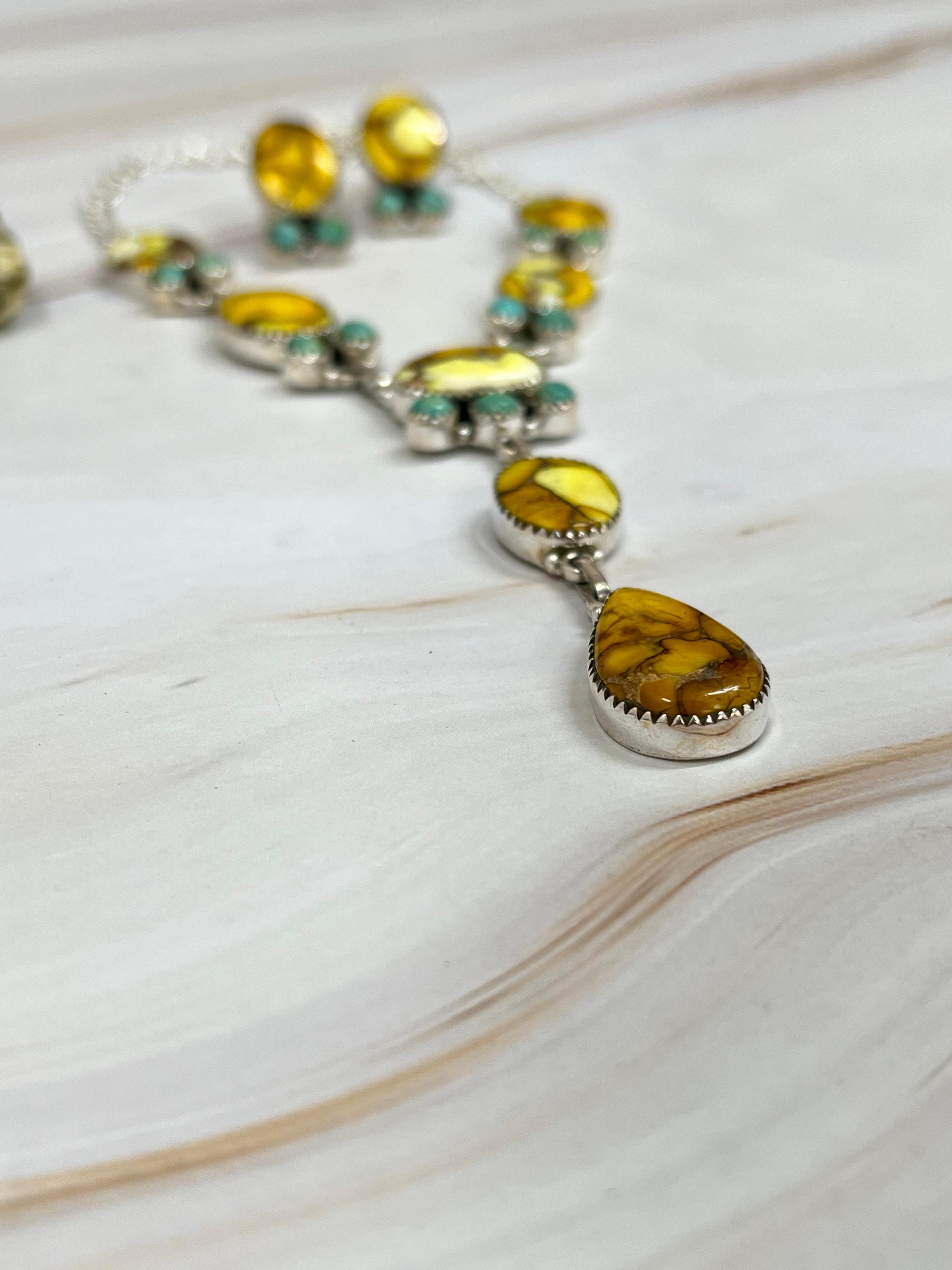 Handmade Sterling Silver Honey Dahlia with Kingman Turquoise Necklace Earrings Set, Signed Nizhoni