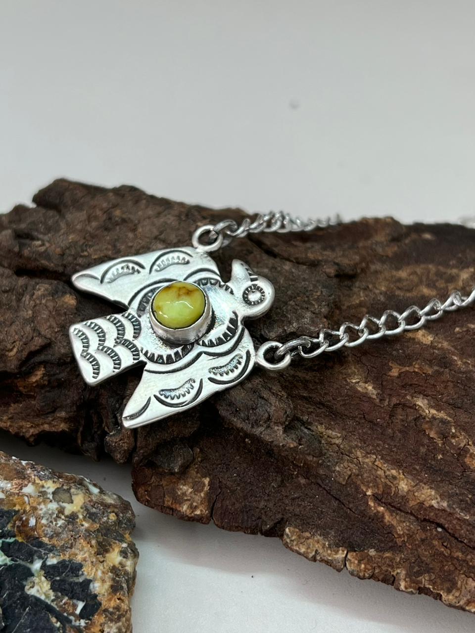 Handmade Sterling Silver Palomino Turquoise Thunder Bird Necklace "Signed Nizhoni"