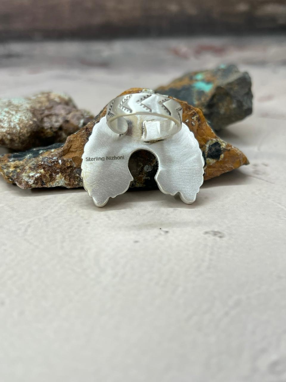 Handmade Sterling Silver White Buffalo Turquoise Naja Adjustable Ring "Signed Nizhoni"