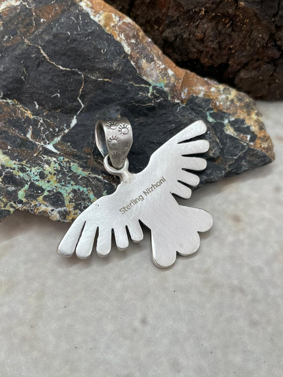 Handmade Sterling Silver Kingman Turquoise Thunder Bird Pendant "Signed Nizhoni"