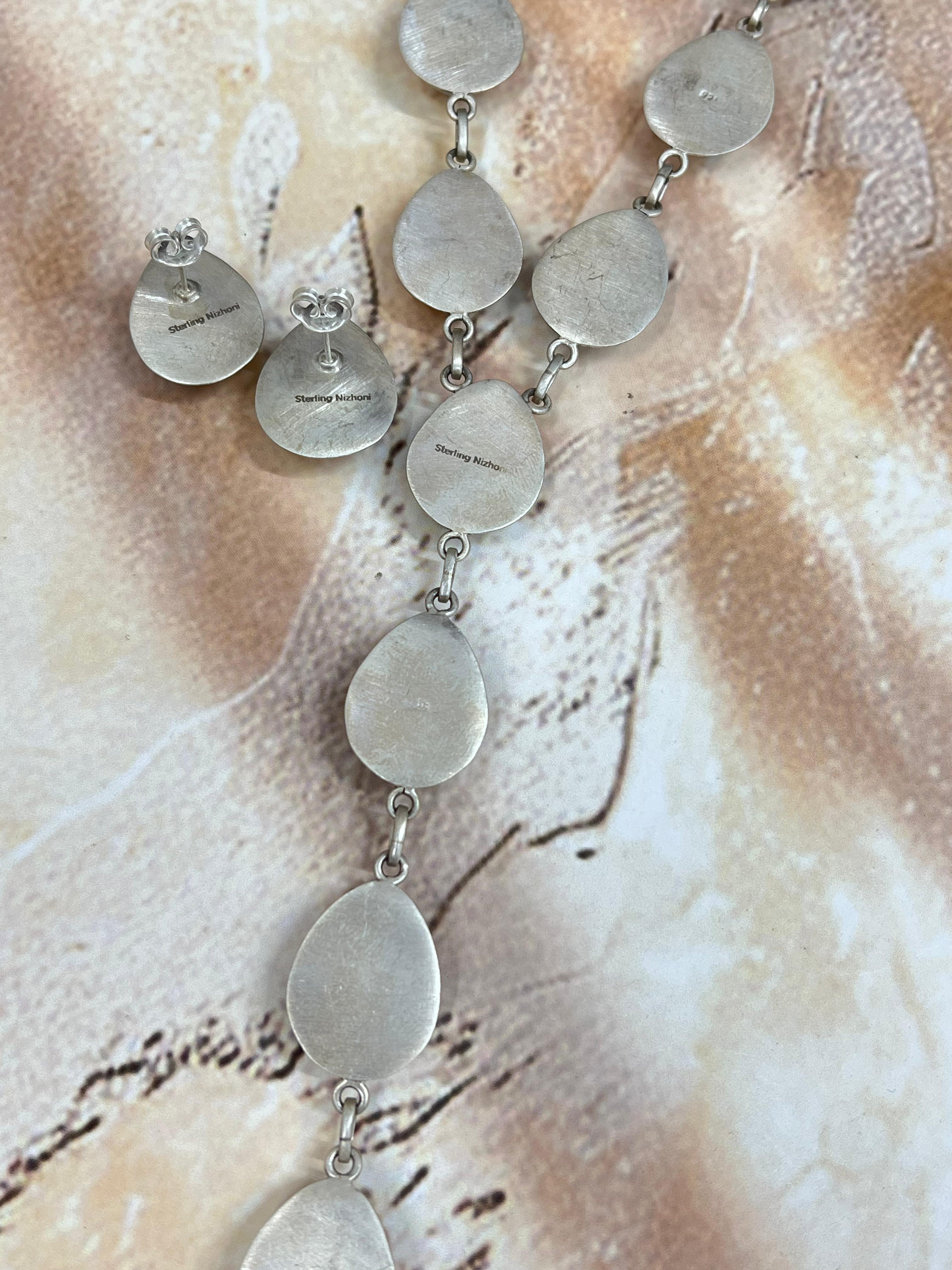 Handmade Sterling Silver White Buffalo Turquoise, Peacock Dahlia Necklace Earrings Set, Signed Nizhoni