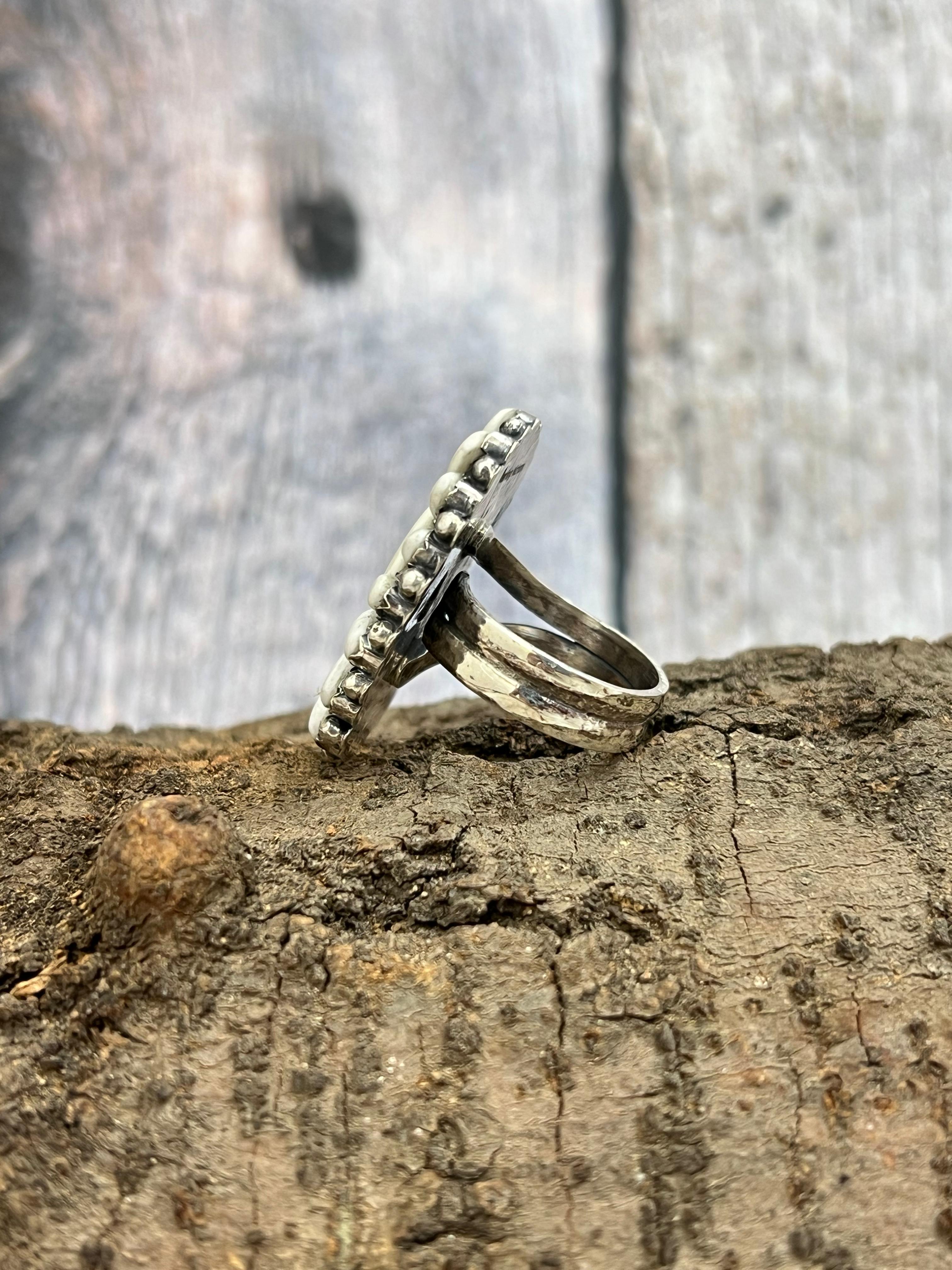 Handmade Sterling Silver White Buffalo Turquoise Adjustable Ring with Signed Nizhoni