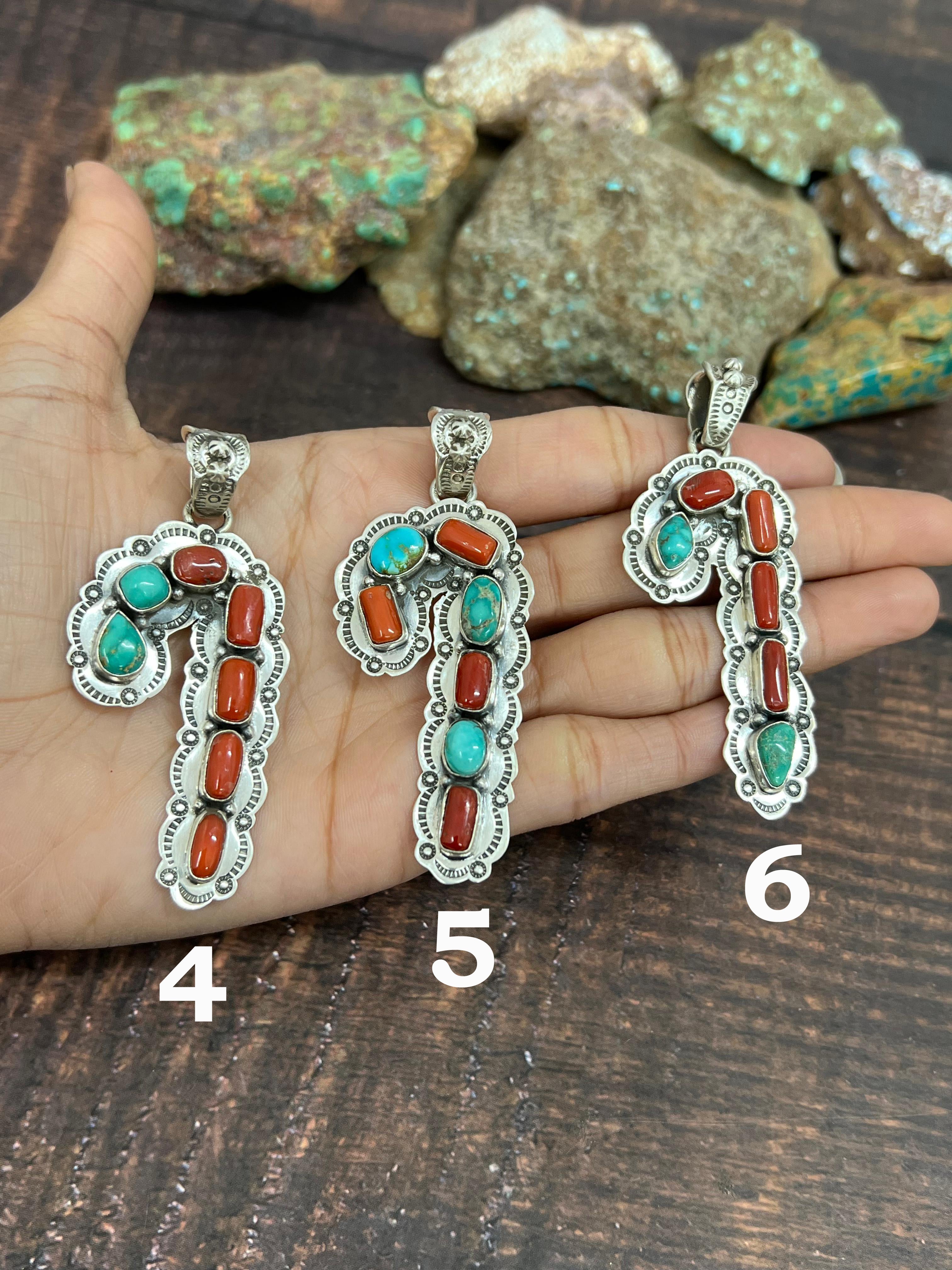 Handmade Sterling Silver Multi Stones Candy Cane Pendant, Signed Nizhoni