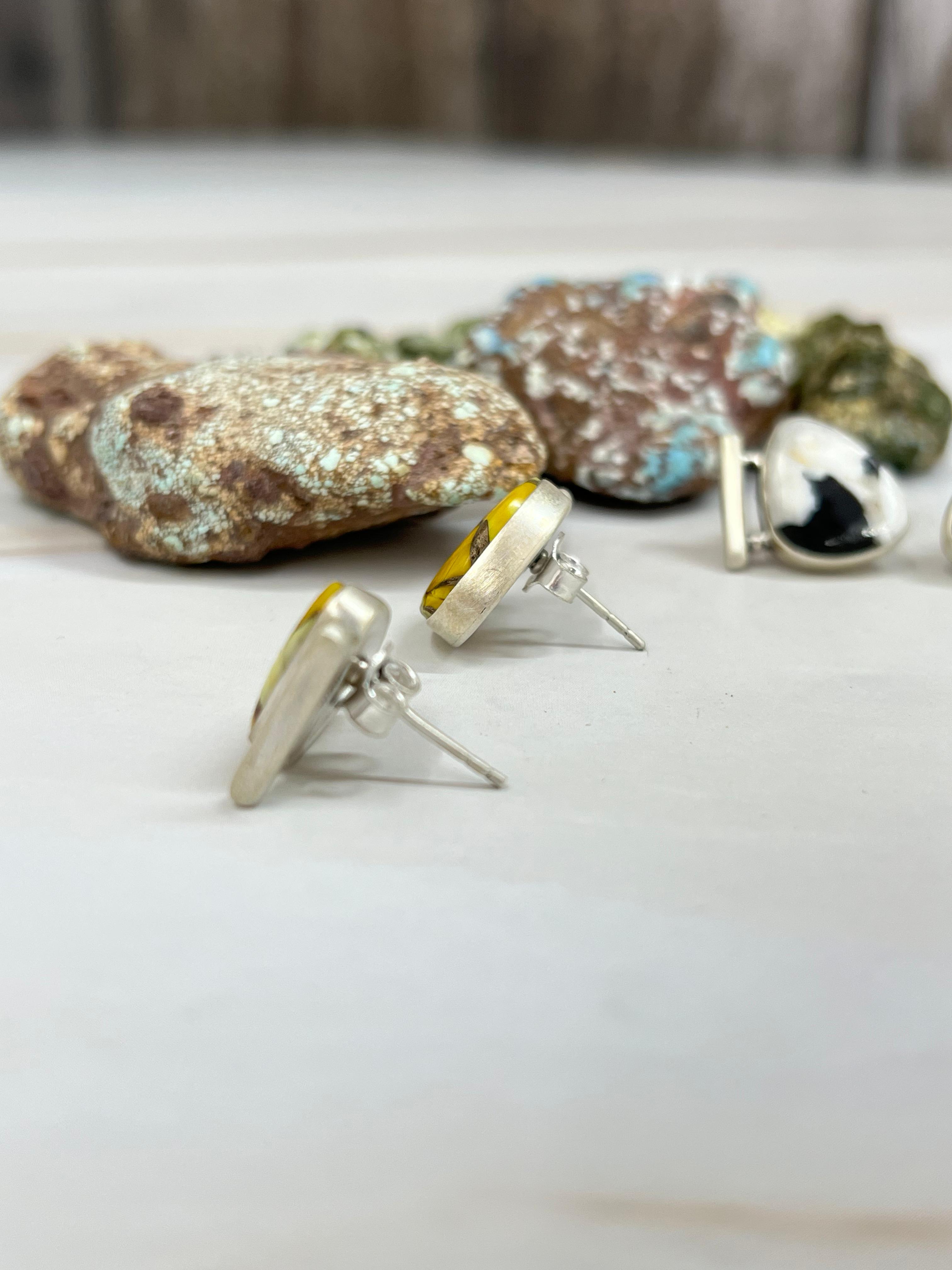 Handmade Sterling Silver Honey Dahlia, White Buffalo Turquoise Earrings with Signed Nizhoni