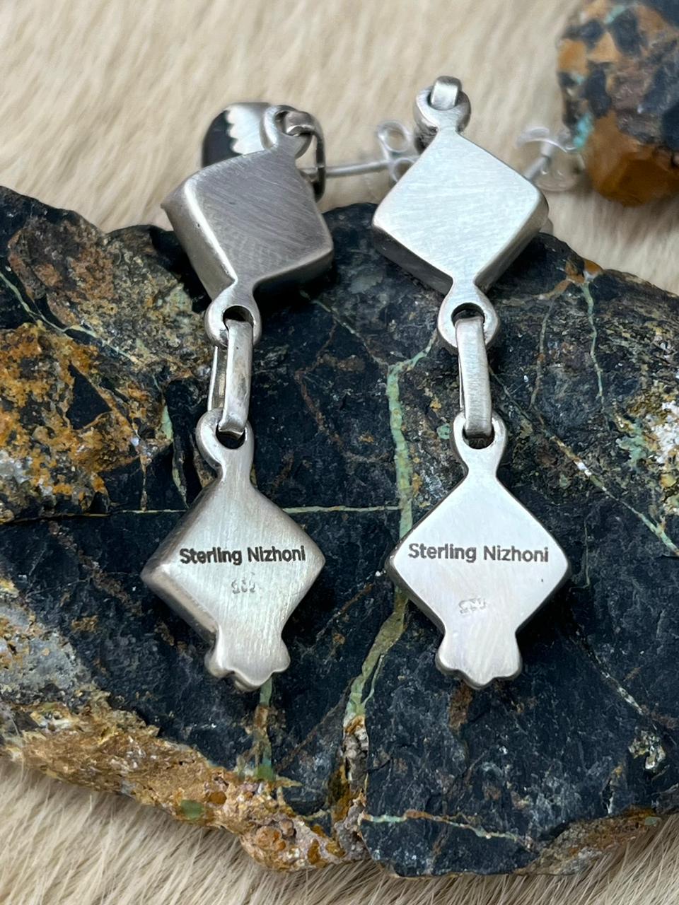 Handmade Sterling Silver White Buffalo Post Dangle Earrings "Signed Nizhoni"