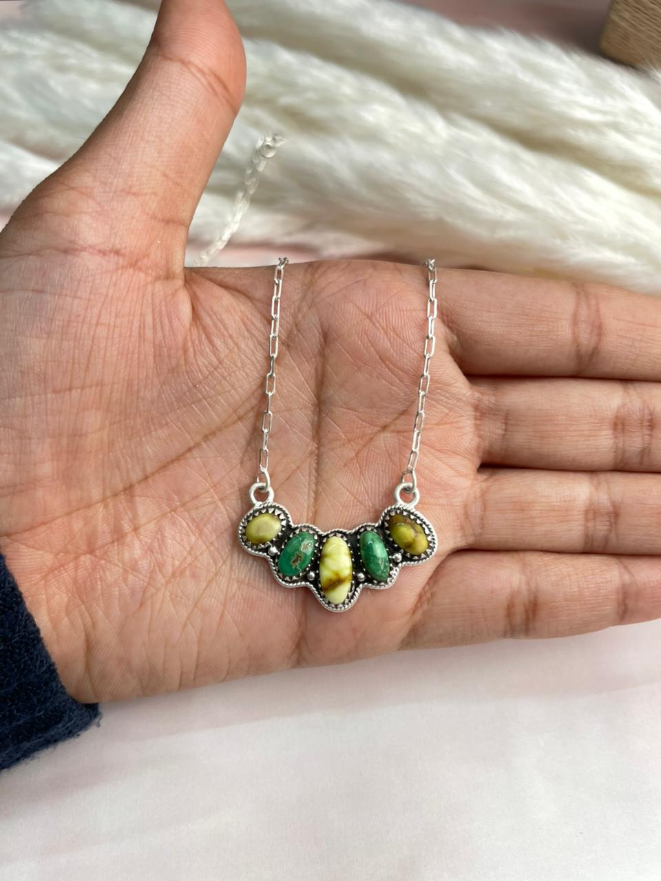 Handmade Sterling Silver Emerald Valley with Palomino Turquoise Necklace "Signed Nizhoni"