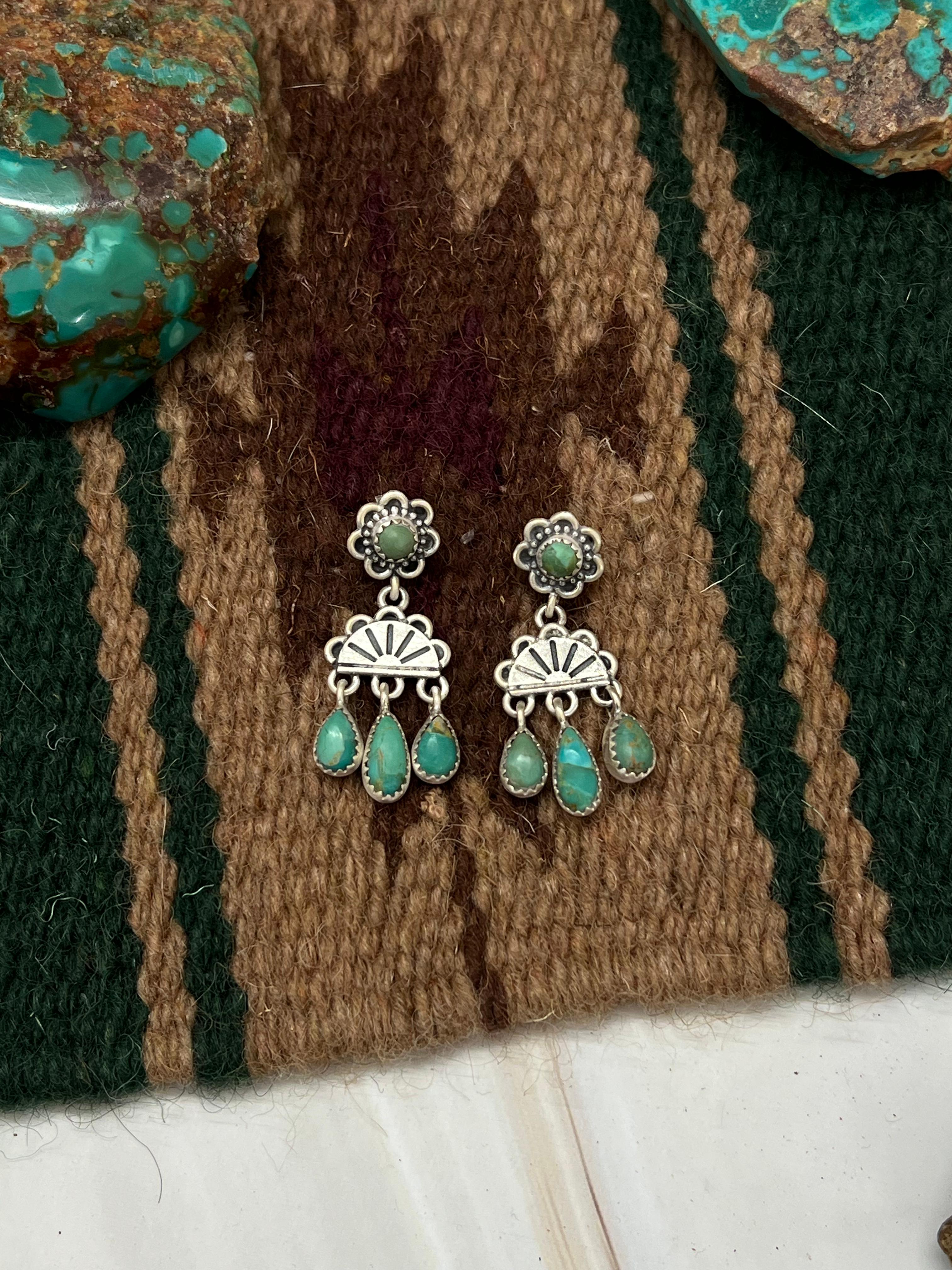 Handmade Sterling Silver Kingman Turquoise Post Dangle Earrings with Signed Nizhoni