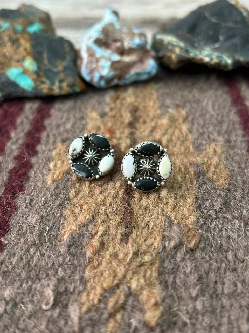 Handmade Sterling Silver White Buffalo Post Studs Earrings "Signed Nizhoni"