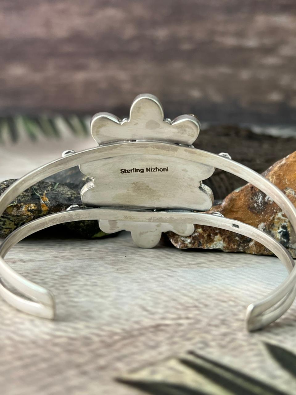 Handmade Sterling Silver Blackjack Turquoise Cuff Bracelet "Signed Nizhoni"