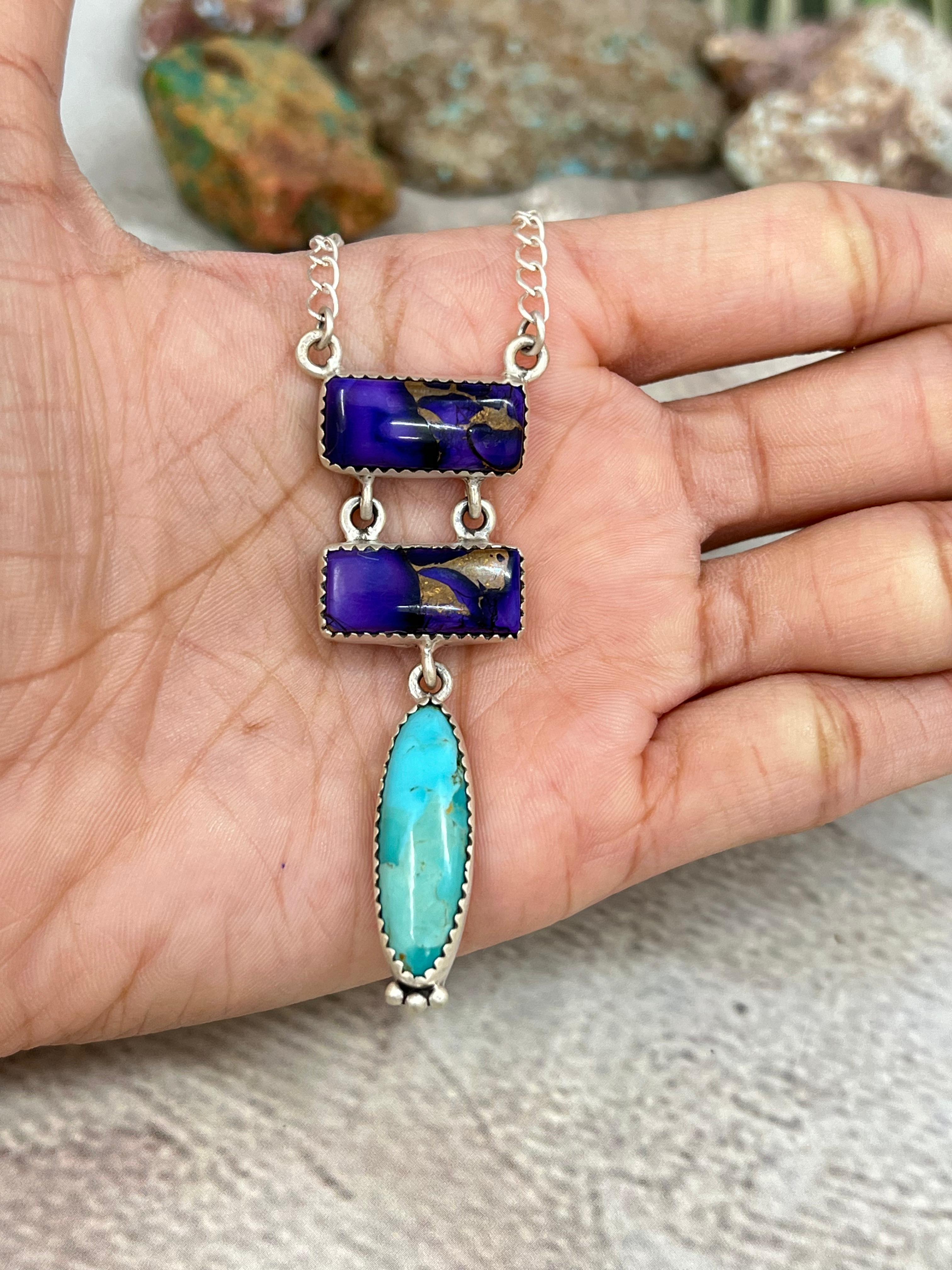 Handmade Sterling Silver Grape Dahlia Kingman Turquoise Necklace with Signed Nizhoni