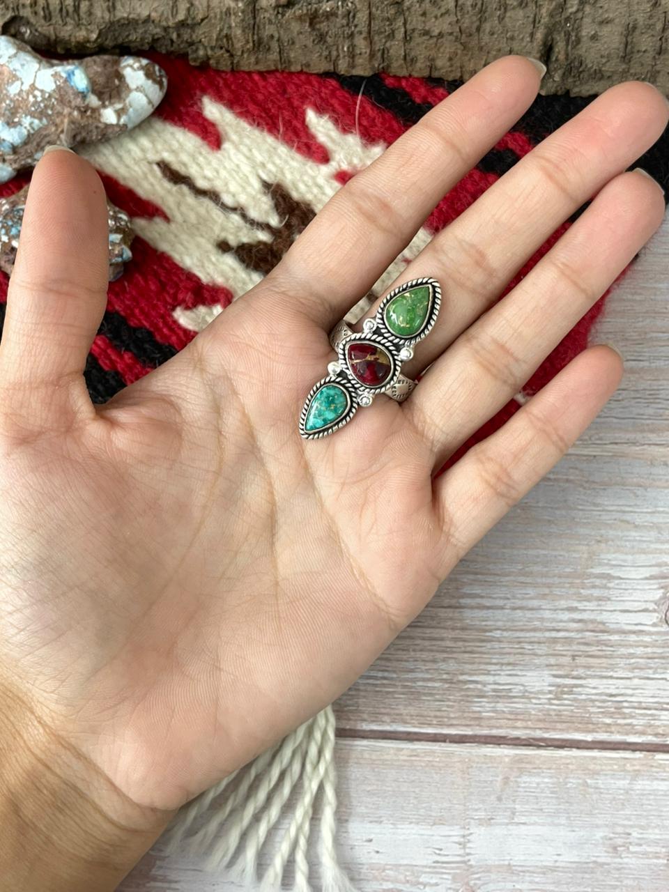 Handmade Sterling Silver Dahlia Rose With Emerald Valley Turquoise Ring "Signed Nizhoni"