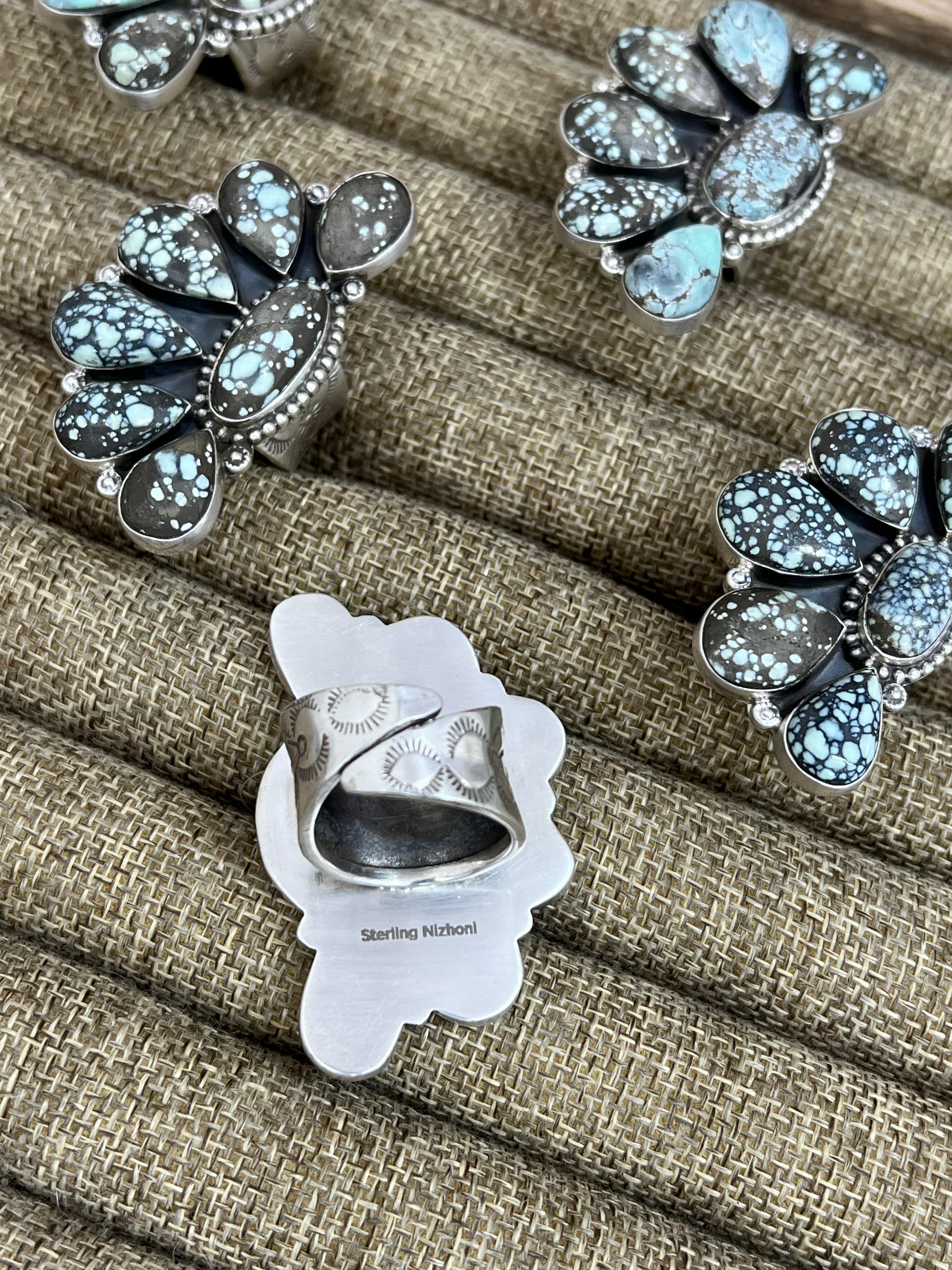 Handmade Sterling Silver Starfox Variscite Adjustable Half Cluster Ring Signed Nizhoni