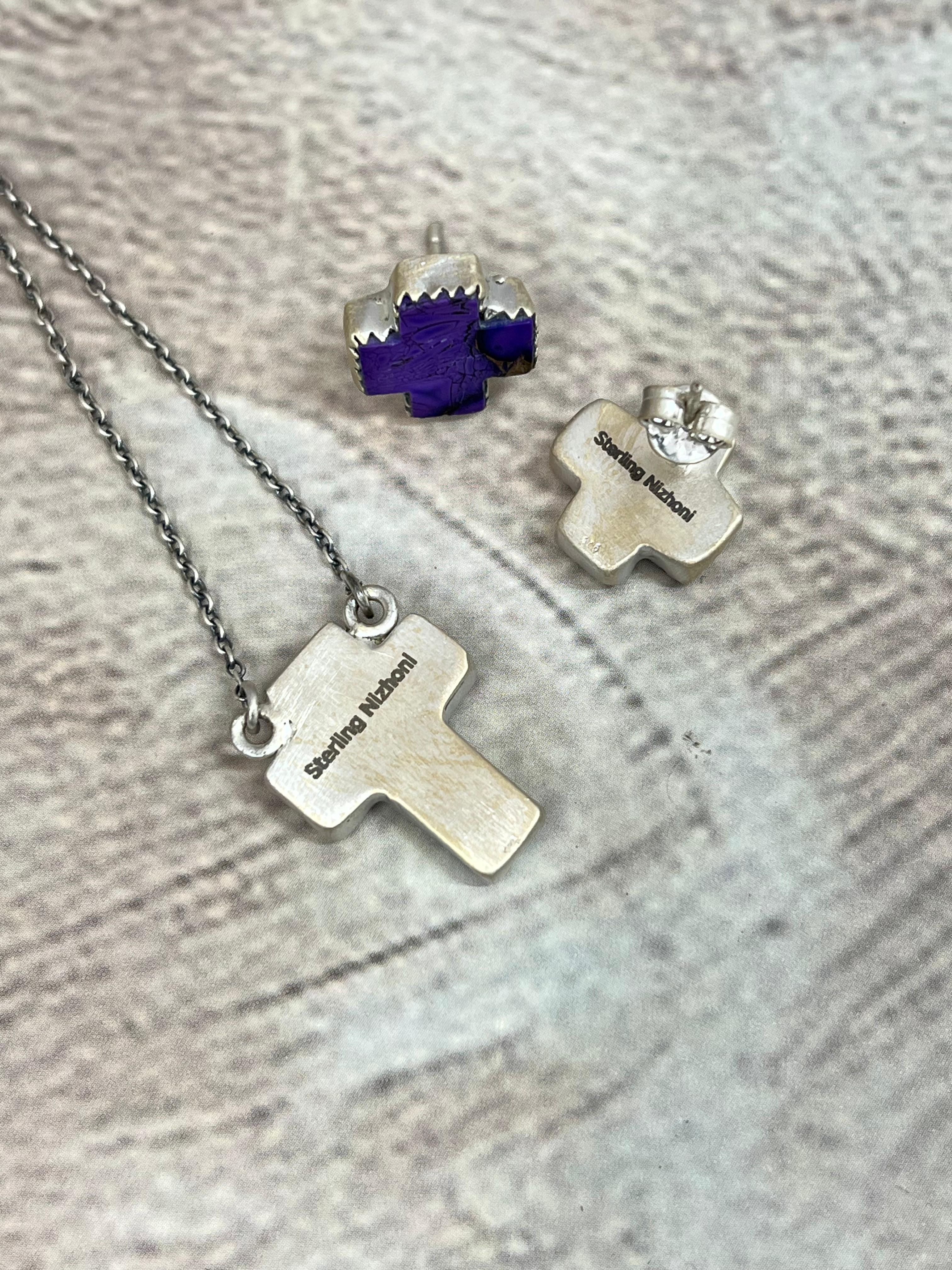 Handmade Sterling Silver Grape Dahlia Cross Necklace Earrings Set, Signed Nizhoni