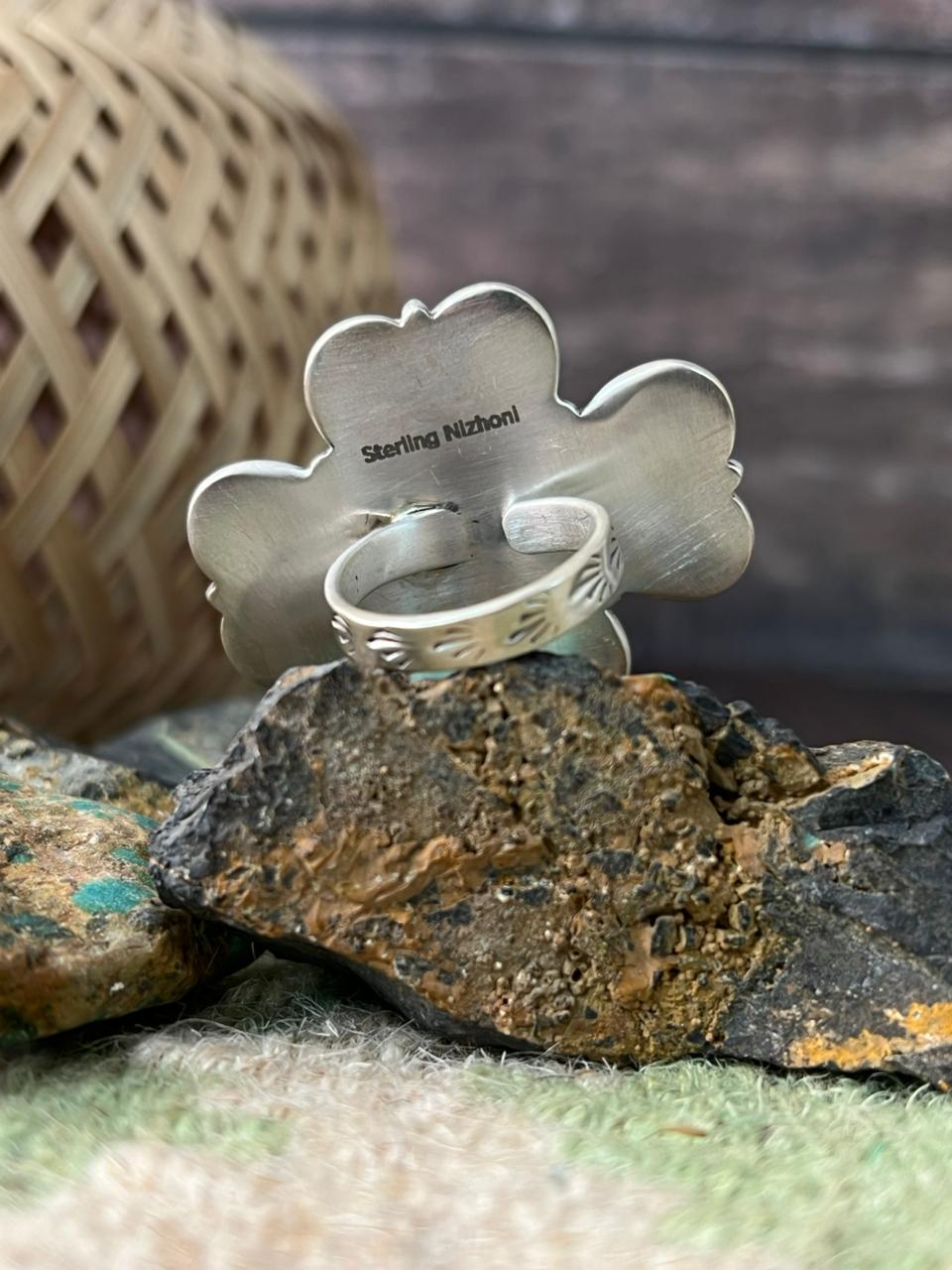 Handmade Sterling Silver Kingman Turquoise Flower Adjustable Ring "Signed Nizhoni"