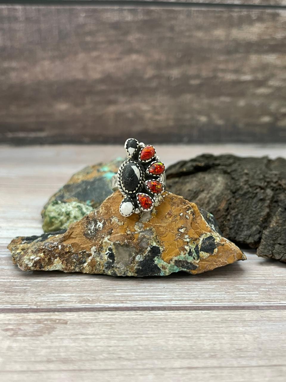 "Christmas Collection" Handmade Sterling Silver White Buffalo with Red Opal Adjustable Ring "Signed Nizhoni"