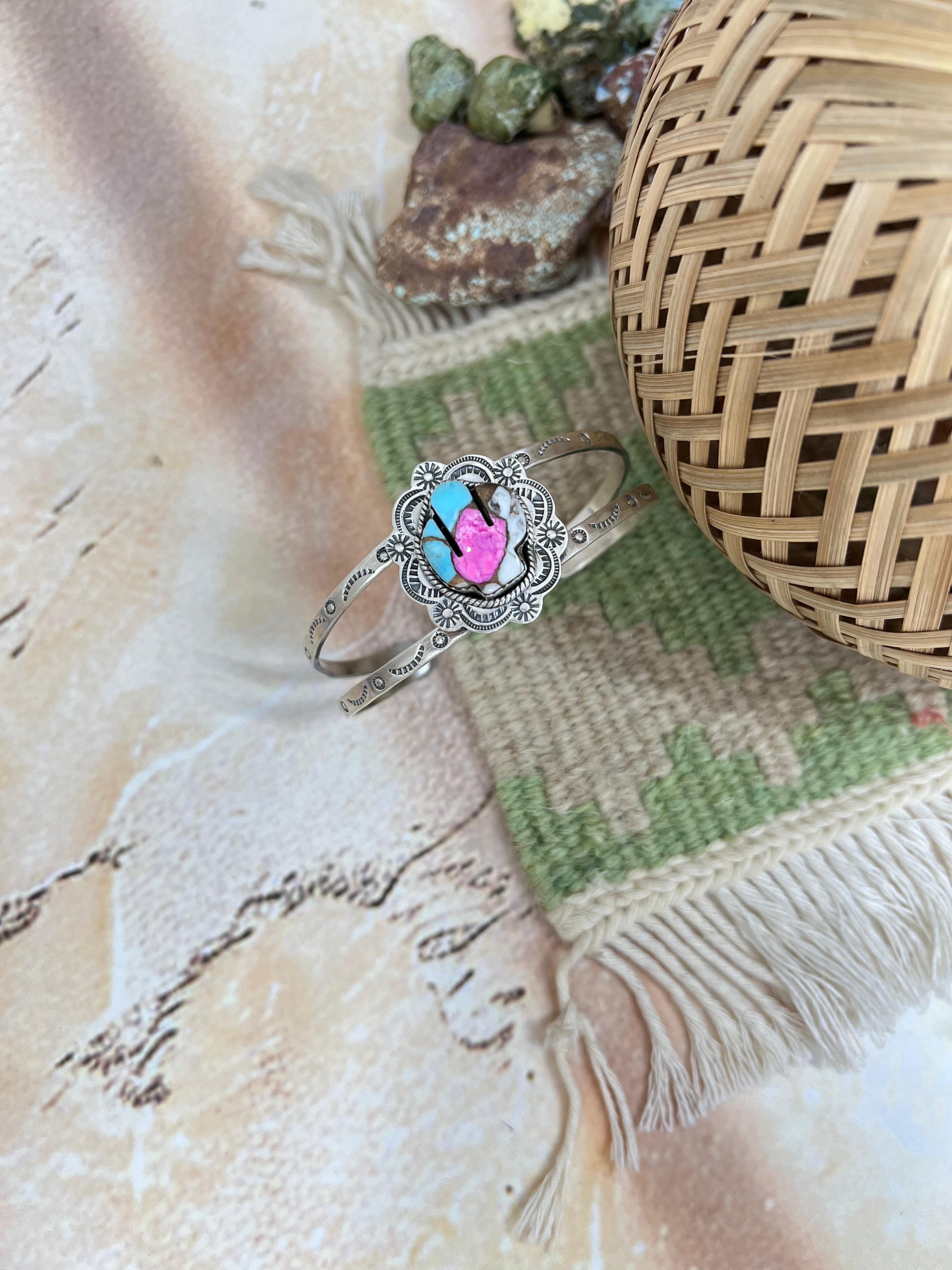 Handmade Sterling Silver Cotton Candy Turquoise SaguaroCuff Bracelet with Signed Nizhoni