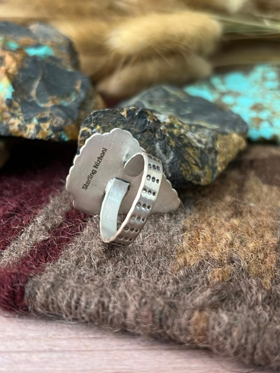 Handmade Sterling Silver Blue Turquoise Adjusatble Ring "Signed Nizhoni"