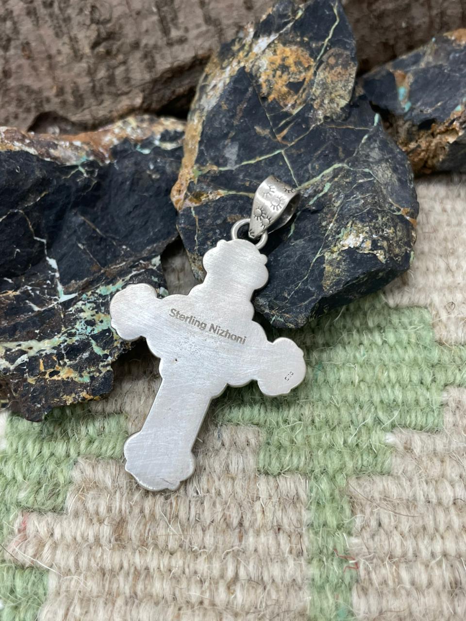 Handmade Sterling Silver Kingman Turquoise Cross Pendant "Signed Nizhoni"