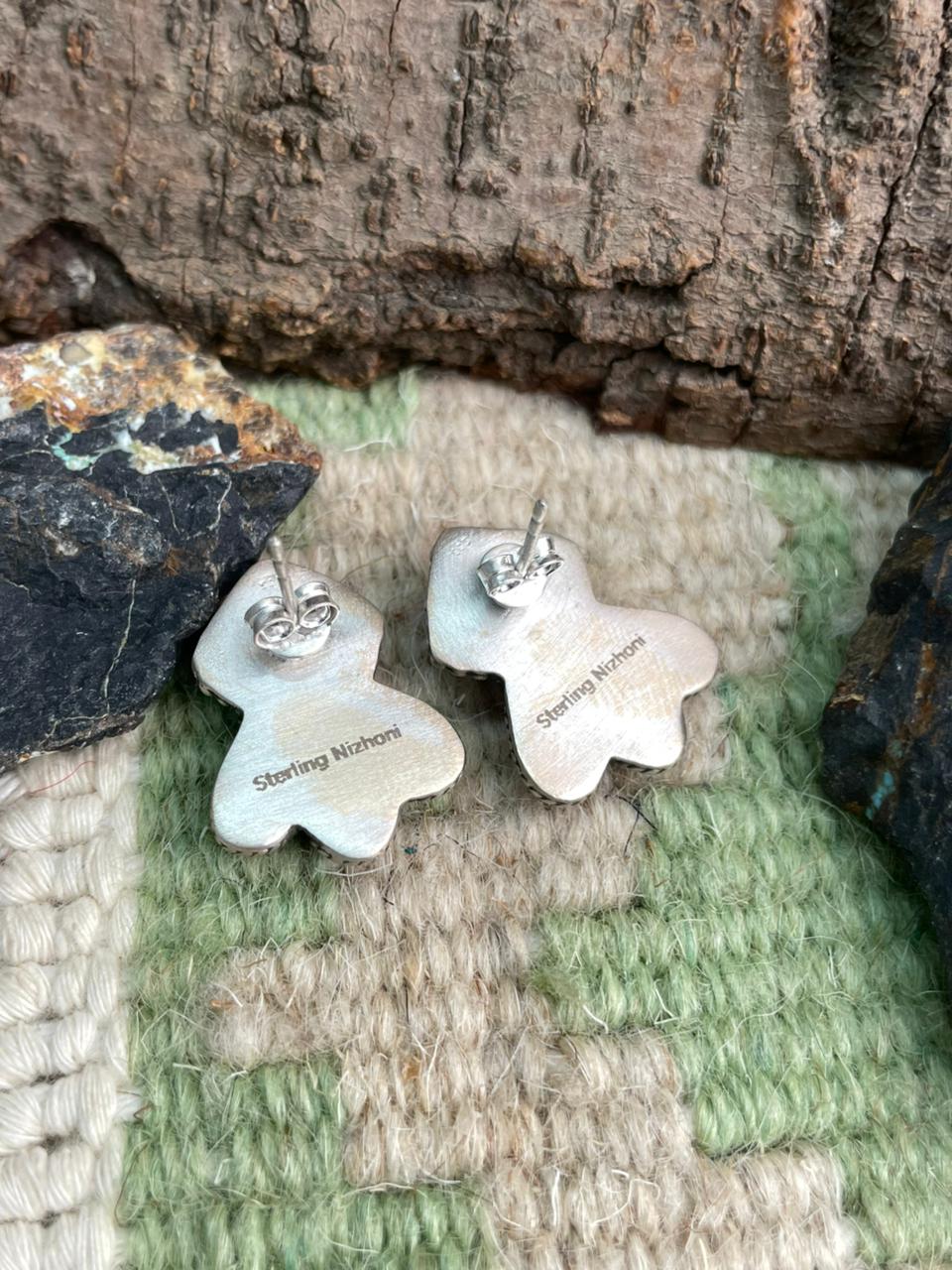 Handmade Sterling Silver White Buffalo Post Studs Earrings "Signed Nizhoni"