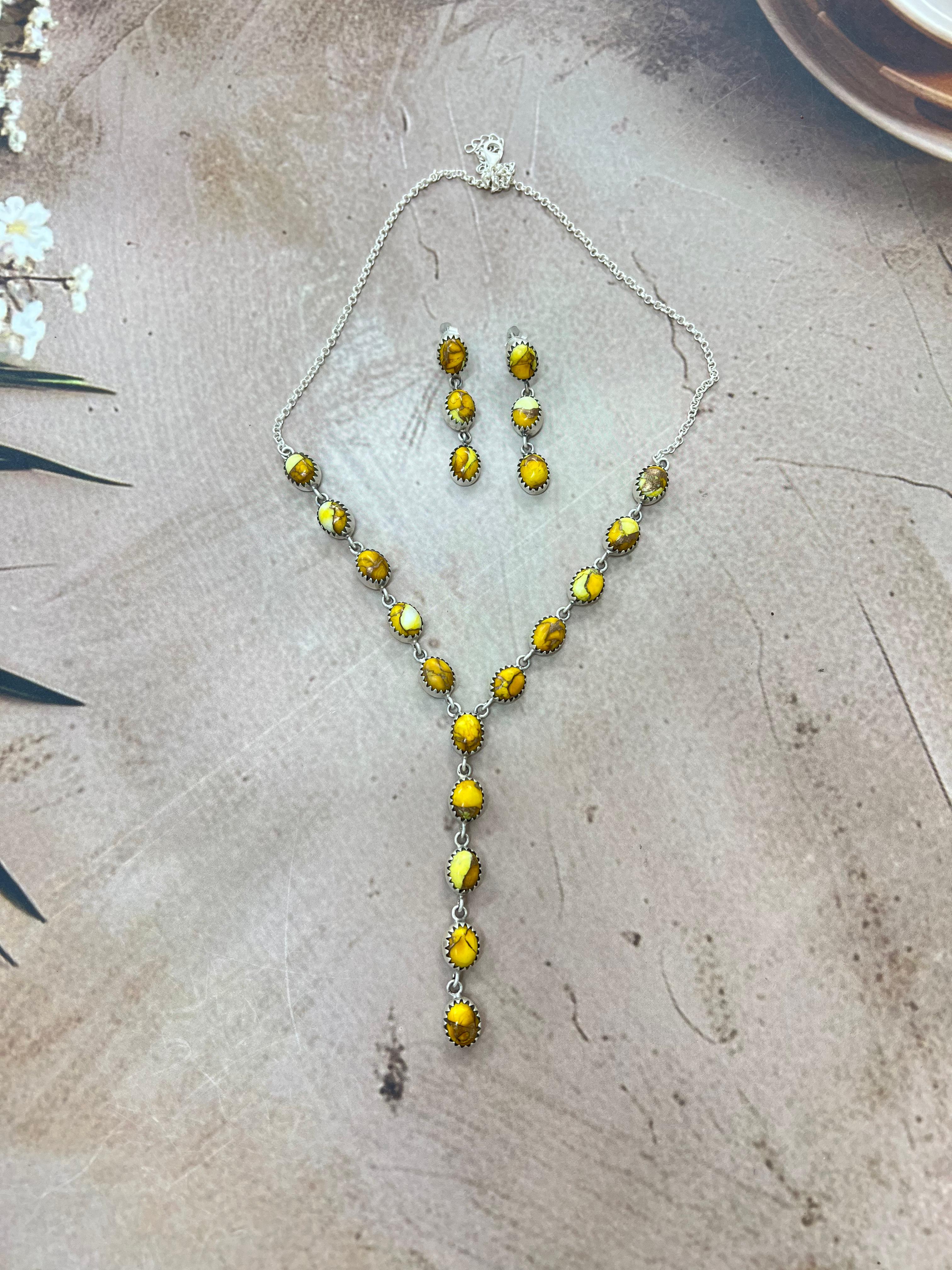 Handmade Sterling Silver Honey Dahlia Necklace Earrings Set, Signed Nizhoni