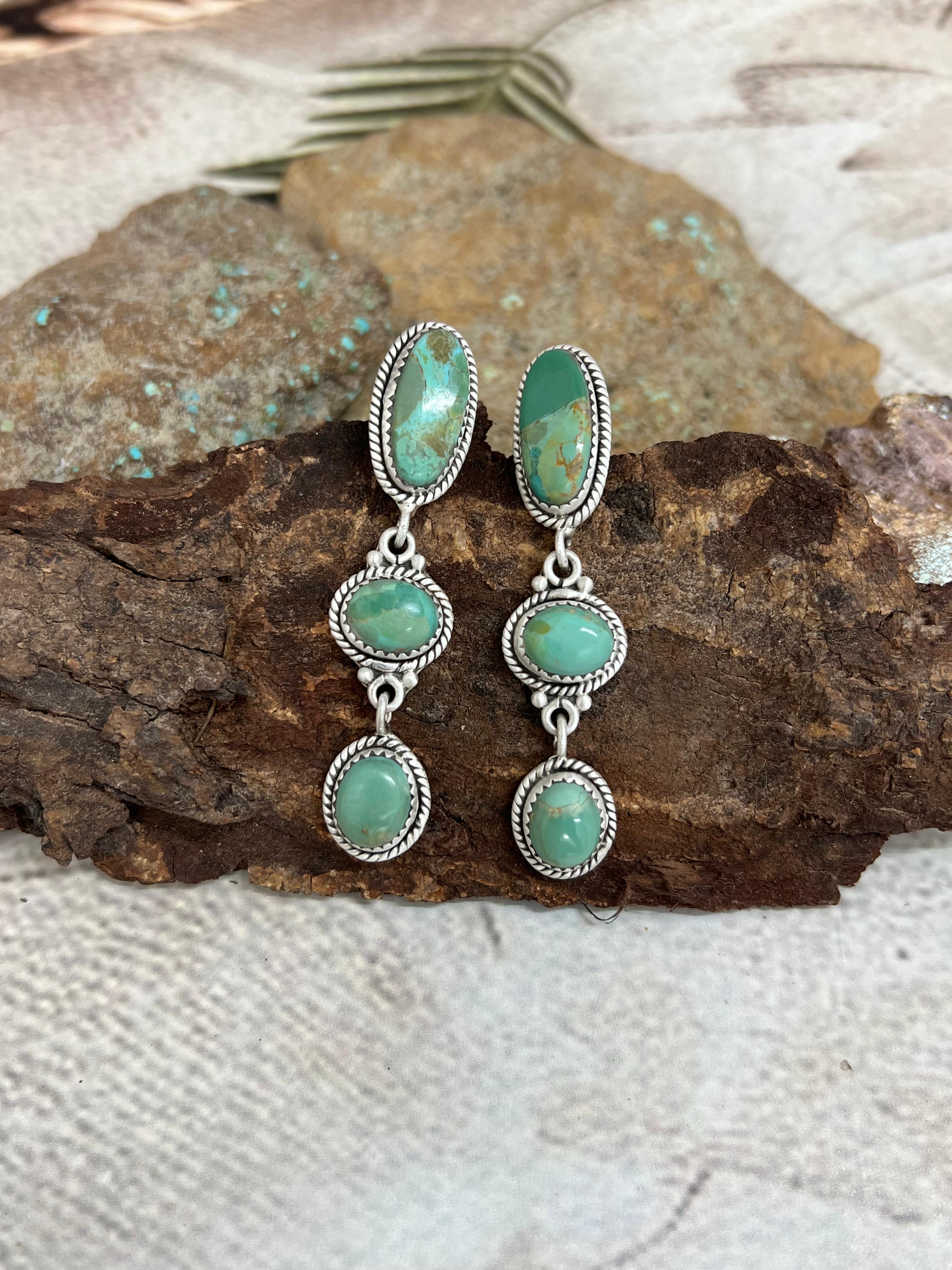 Handmade Sterling Silver Kingman Turquoise Post Dangle Earrings with Signed Nizhoni