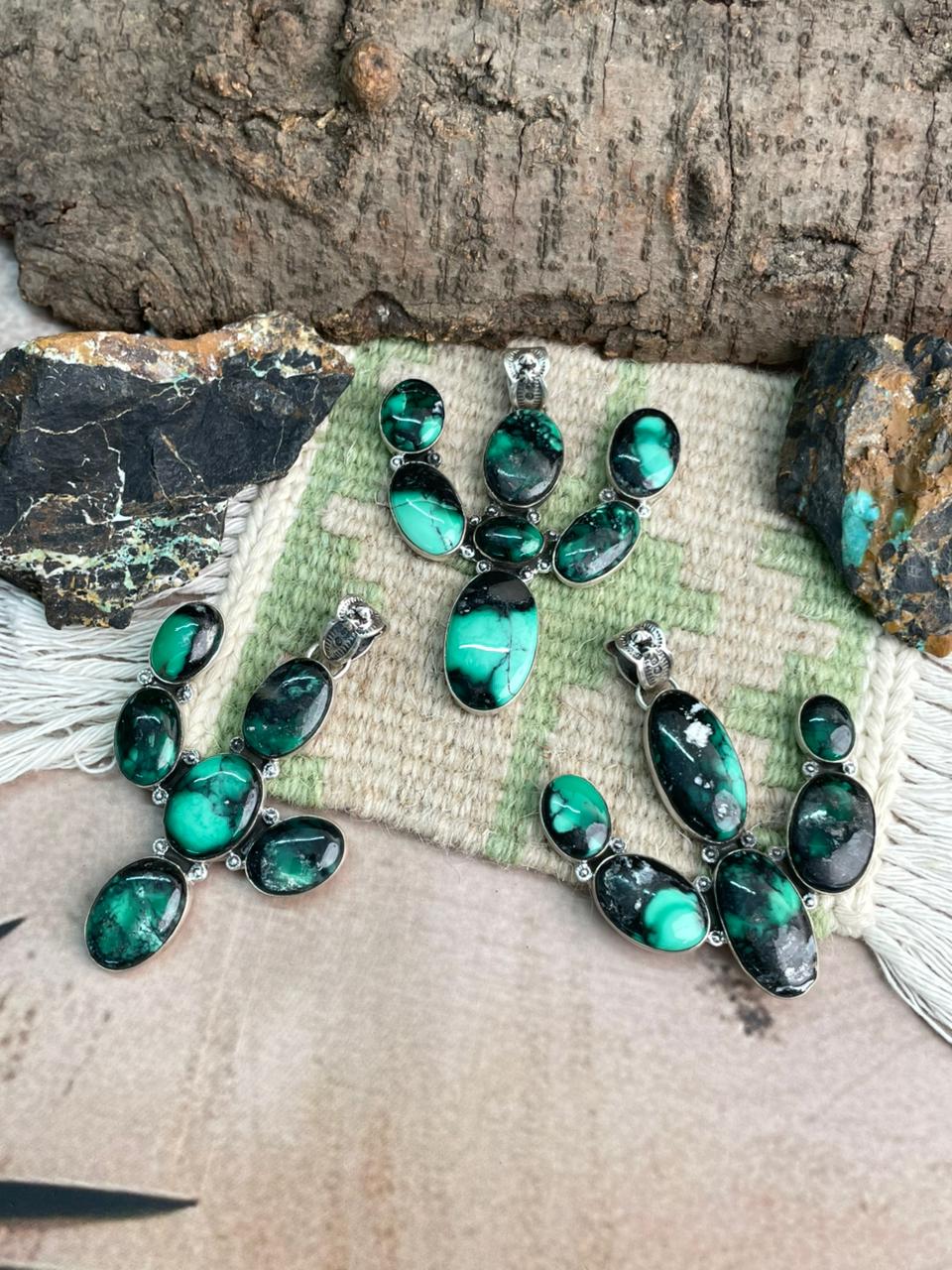 Handmade Sterling Silver Emerald Rose Cactus Pendant "Signed Nizhoni"