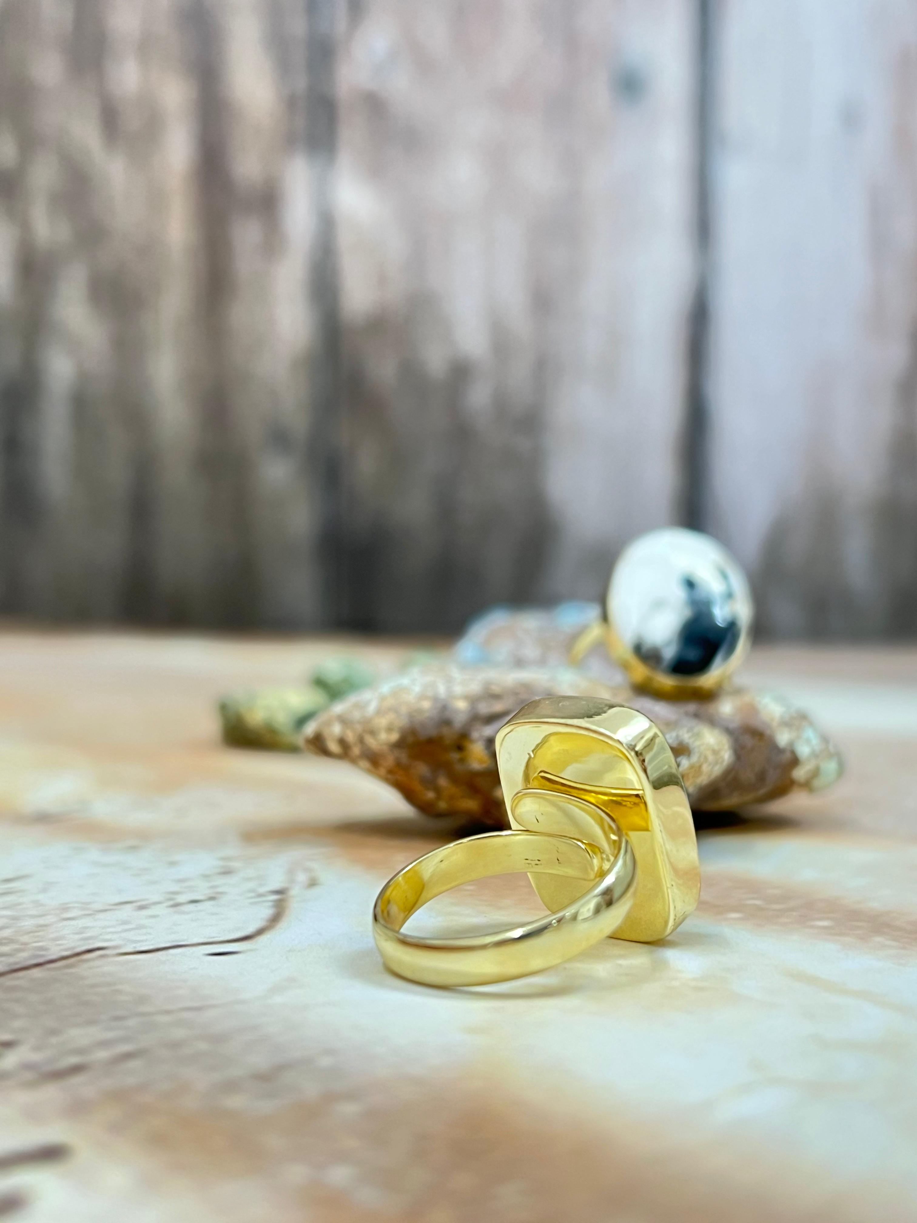 “The Golden Collection” Natural White Buffalo, Peacock Dahlia Single Stone Adjustable Ring